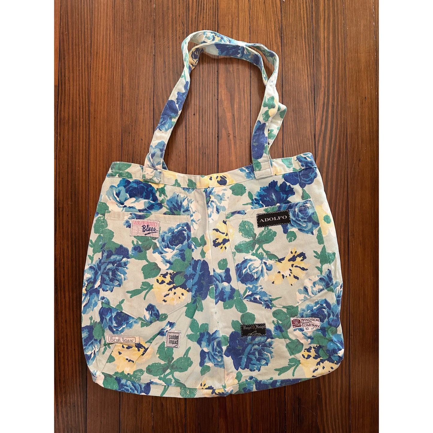 Vintage Handmade Floral Denim / Jeans Tag Patchwork Bag Tote