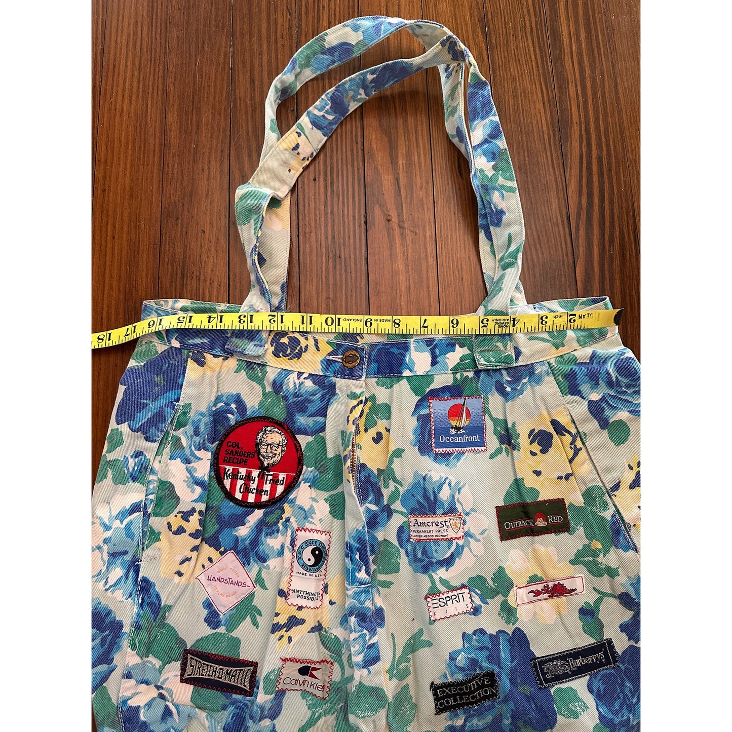 Vintage Handmade Floral Denim / Jeans Tag Patchwork Bag Tote