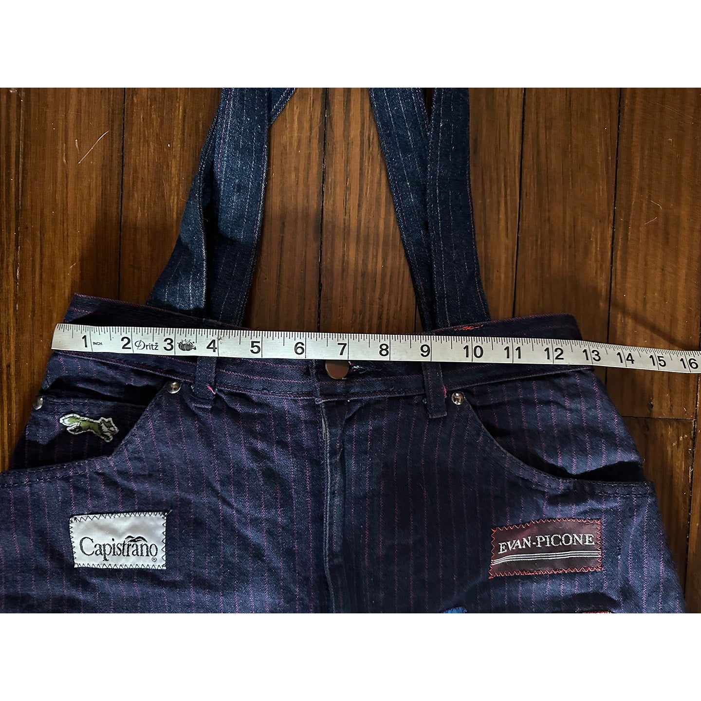 Vintage Handmade Pinstripe Denim / Jeans Tag Patchwork Bag Tote