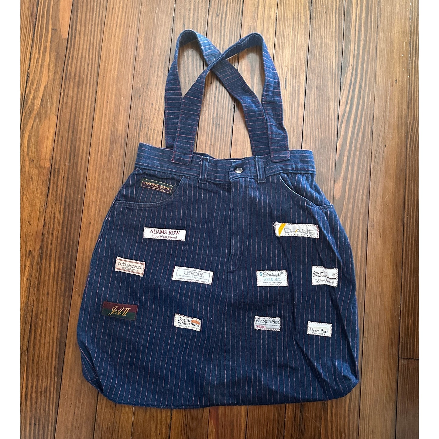 Vintage Handmade Pinstripe Denim / Jeans Tag Patchwork Bag Tote