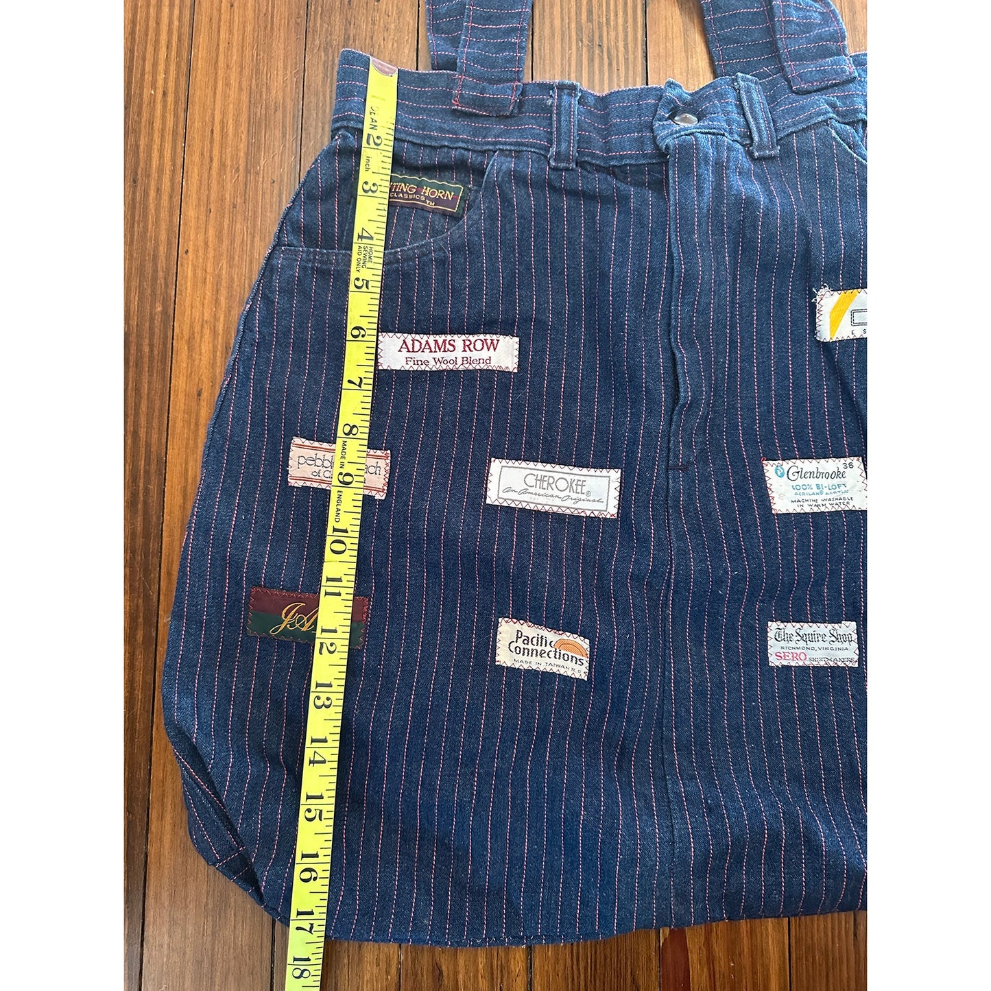 Vintage Handmade Pinstripe Denim / Jeans Tag Patchwork Bag Tote