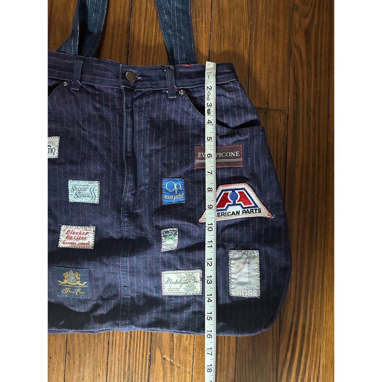 Vintage Handmade Pinstripe Denim / Jeans Tag Patchwork Bag Tote