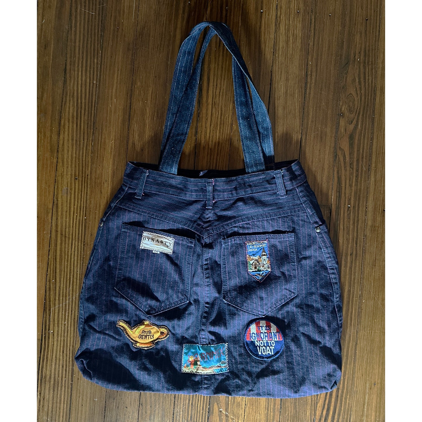 Vintage Handmade Pinstripe Denim / Jeans Tag Patchwork Bag Tote