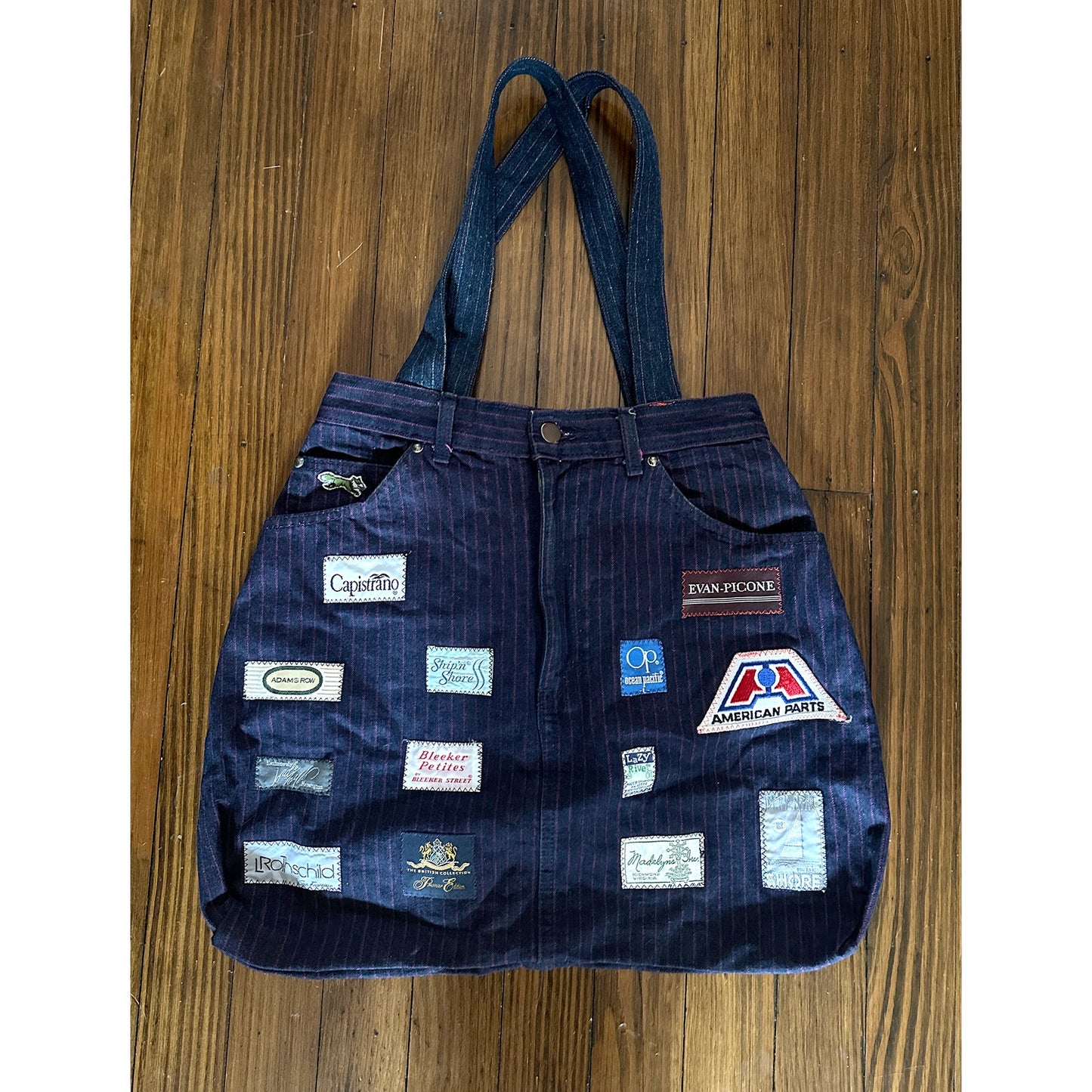 Vintage Handmade Pinstripe Denim / Jeans Tag Patchwork Bag Tote