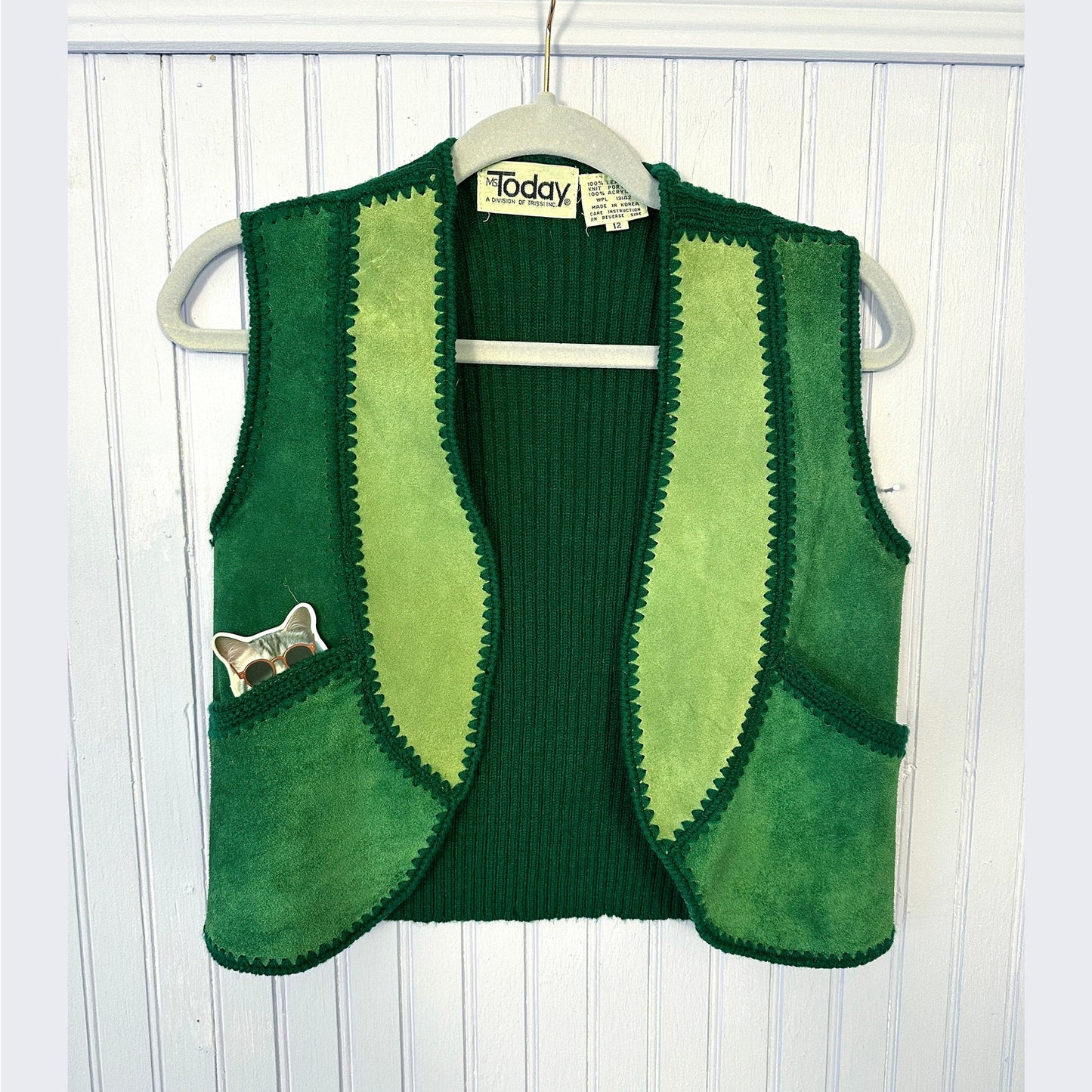 1970's Green Suede Patchwork Skirt and Vest Set