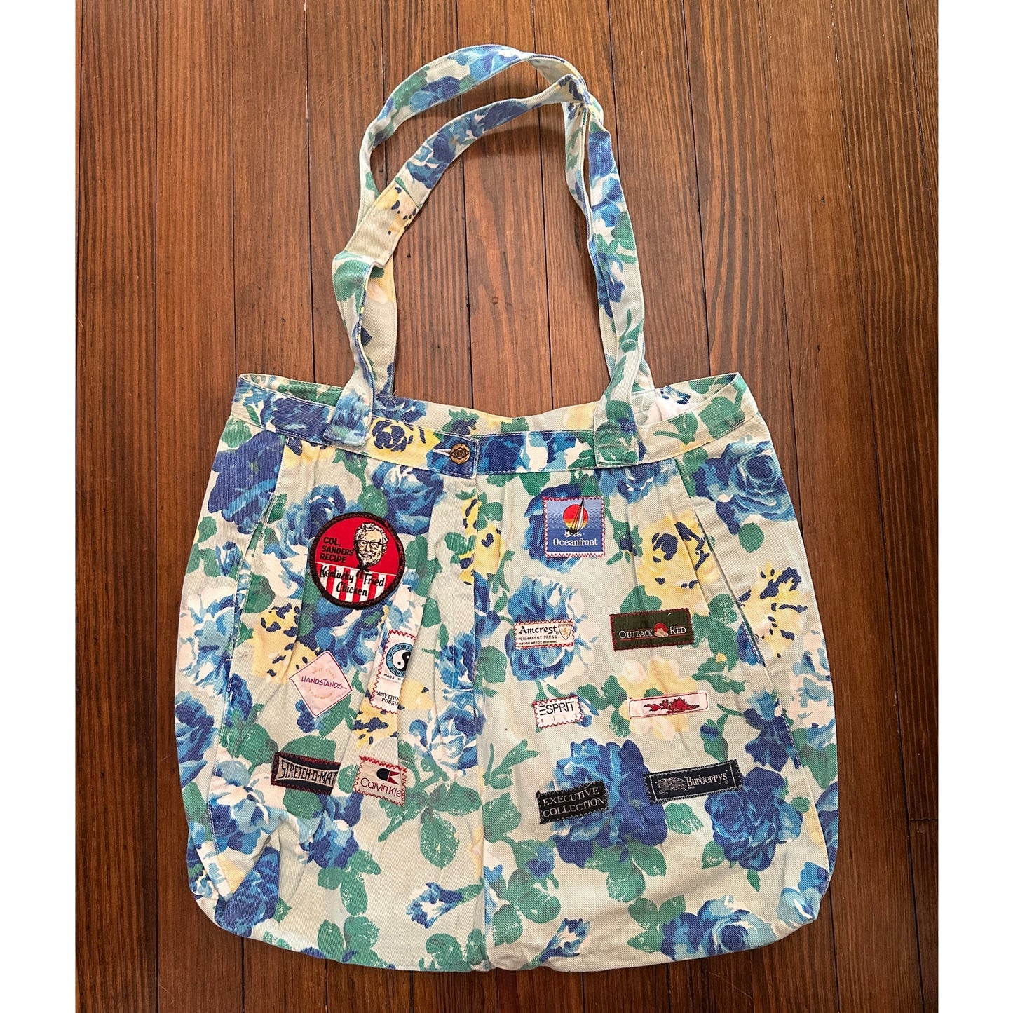 Vintage Handmade Floral Denim / Jeans Tag Patchwork Bag Tote