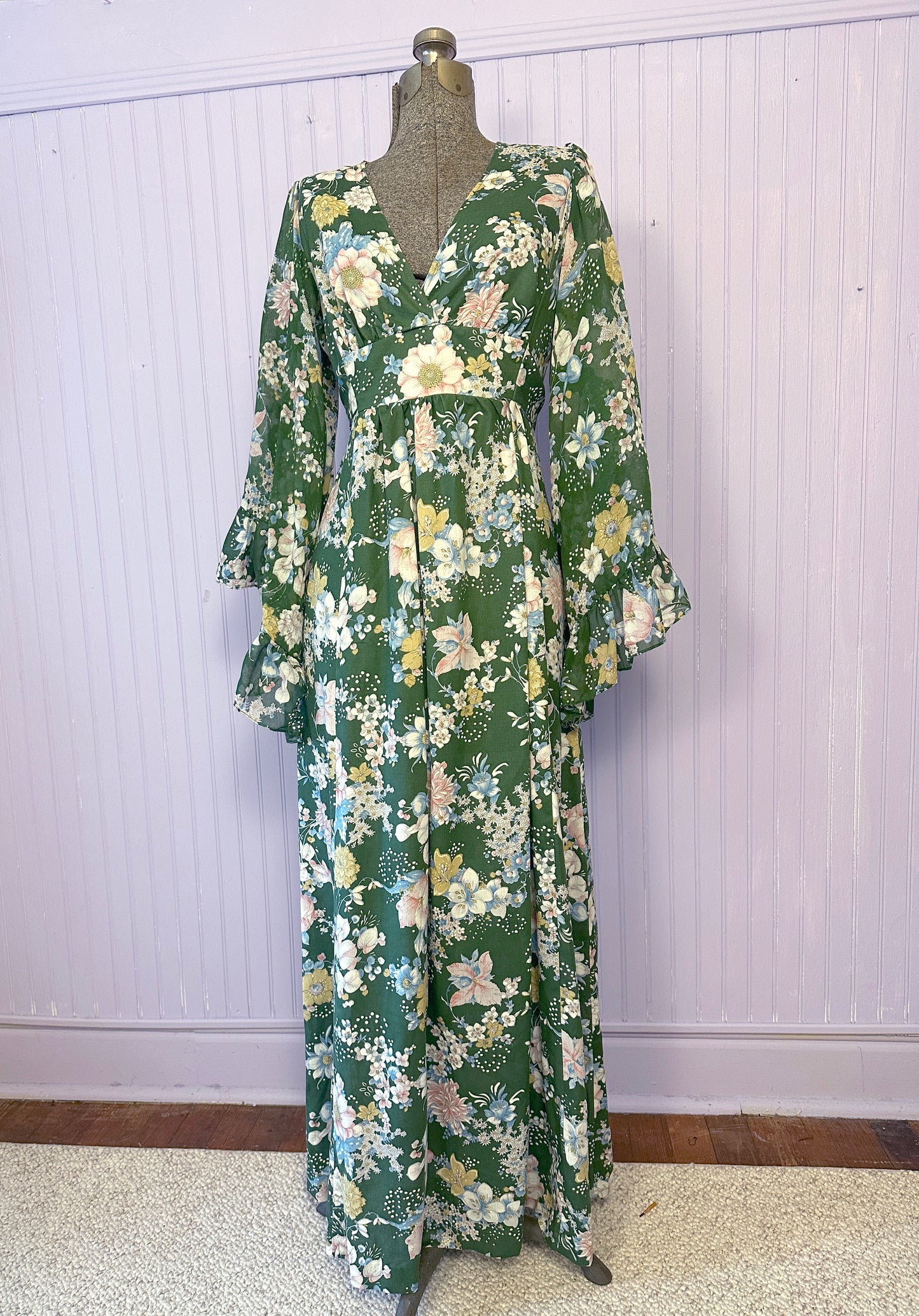Vintage 1970's Maxi Floral Cotton Dress Bell Sleeves