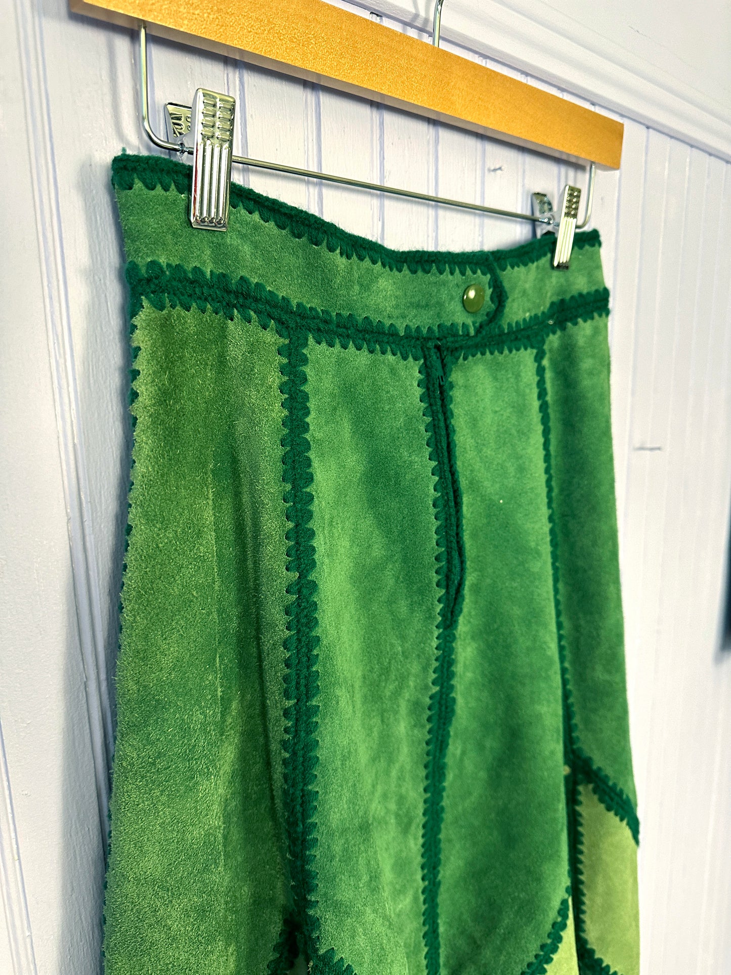 1970's Green Suede Patchwork Skirt and Vest Set