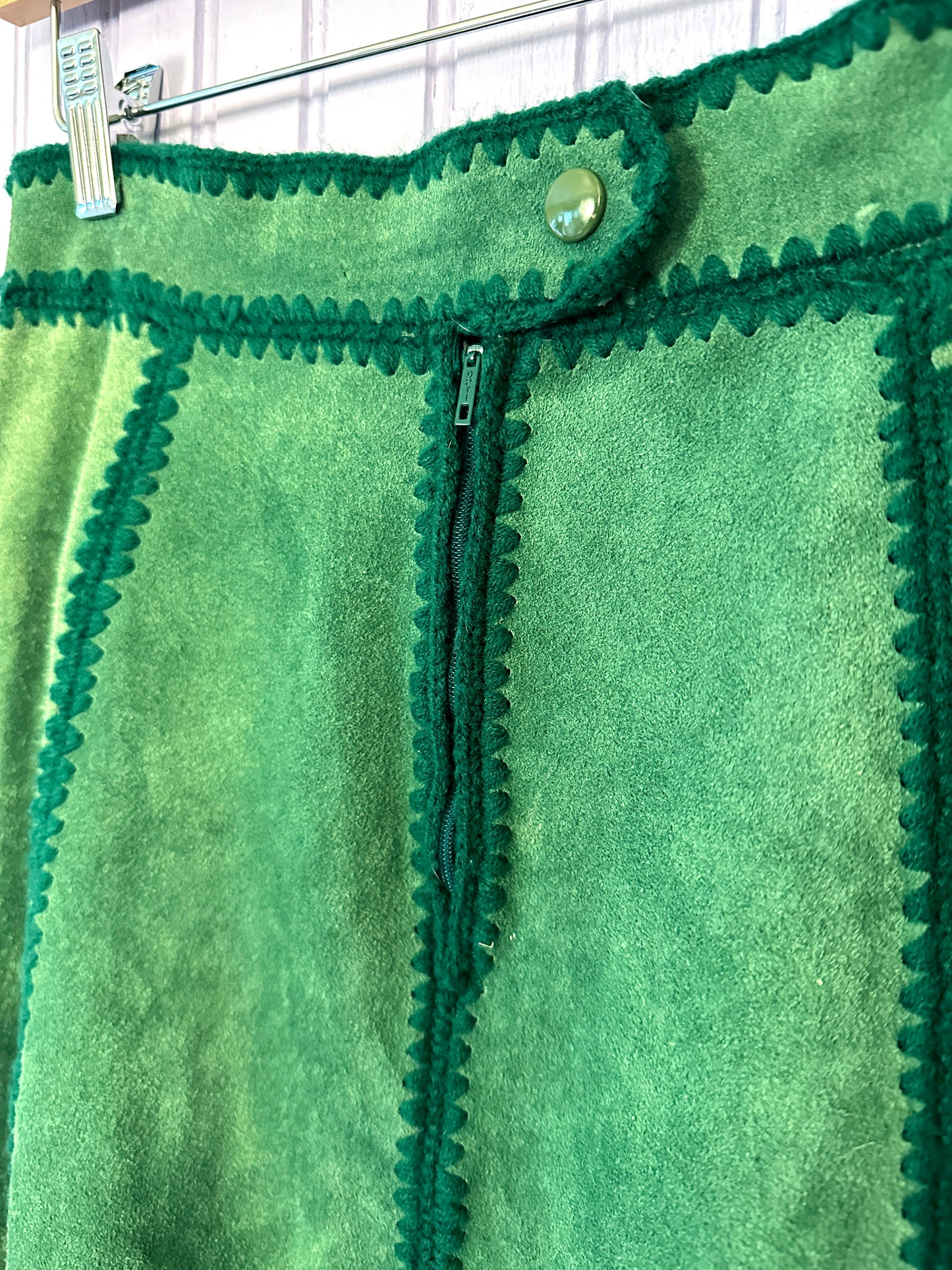 1970's Green Suede Patchwork Skirt and Vest Set