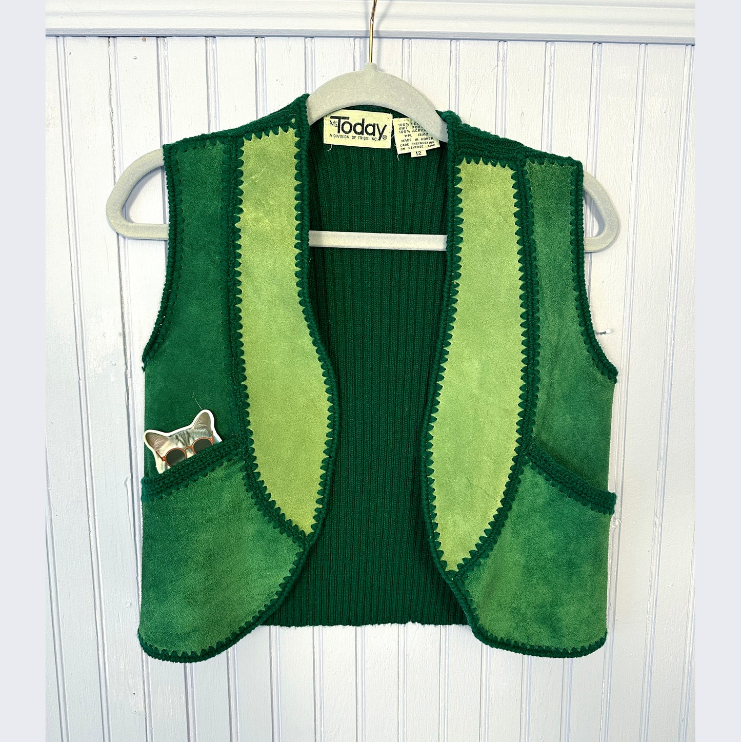 1970's Green Suede Patchwork Skirt and Vest Set