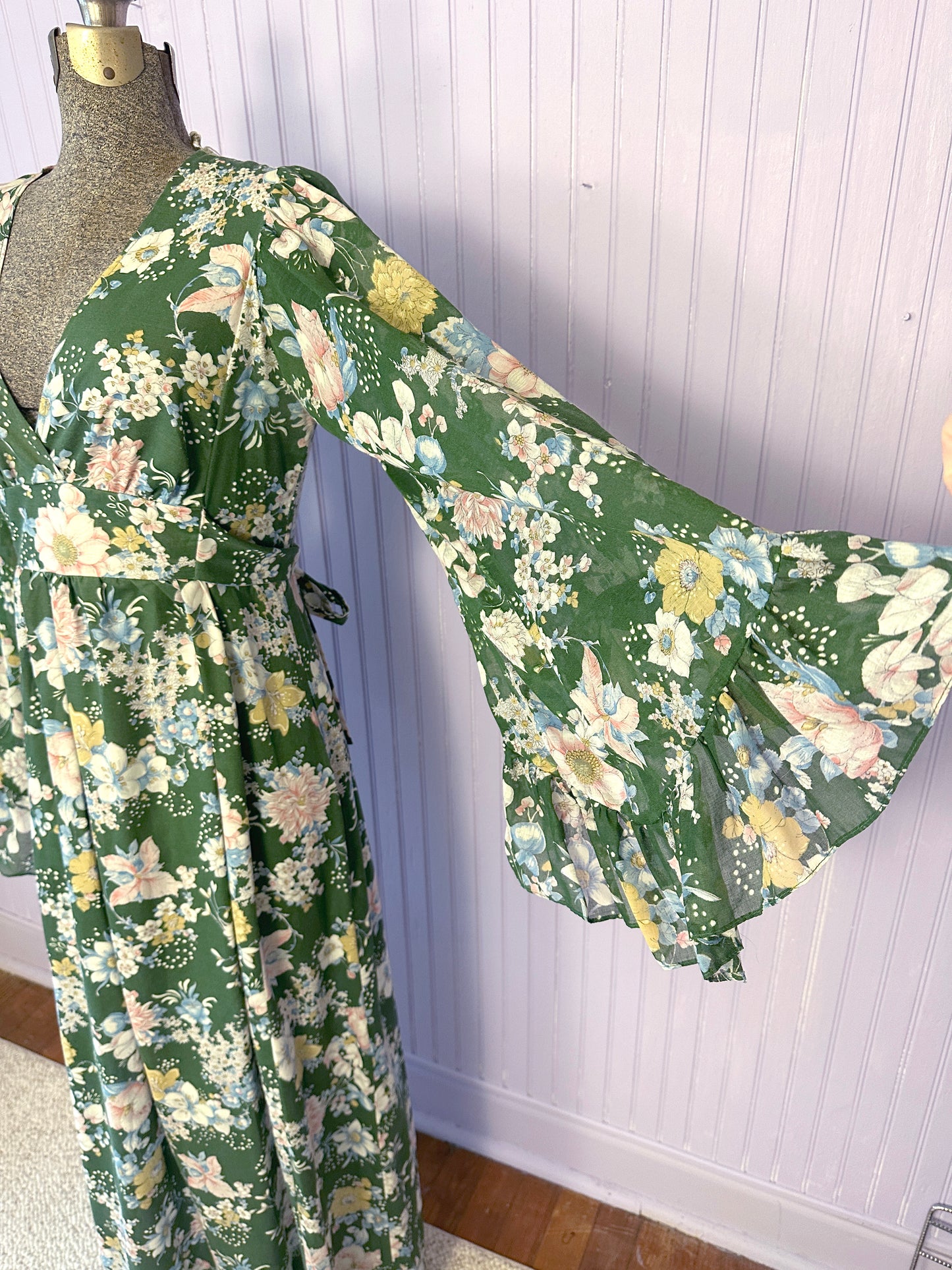 Vintage 1970's Maxi Floral Cotton Dress Bell Sleeves
