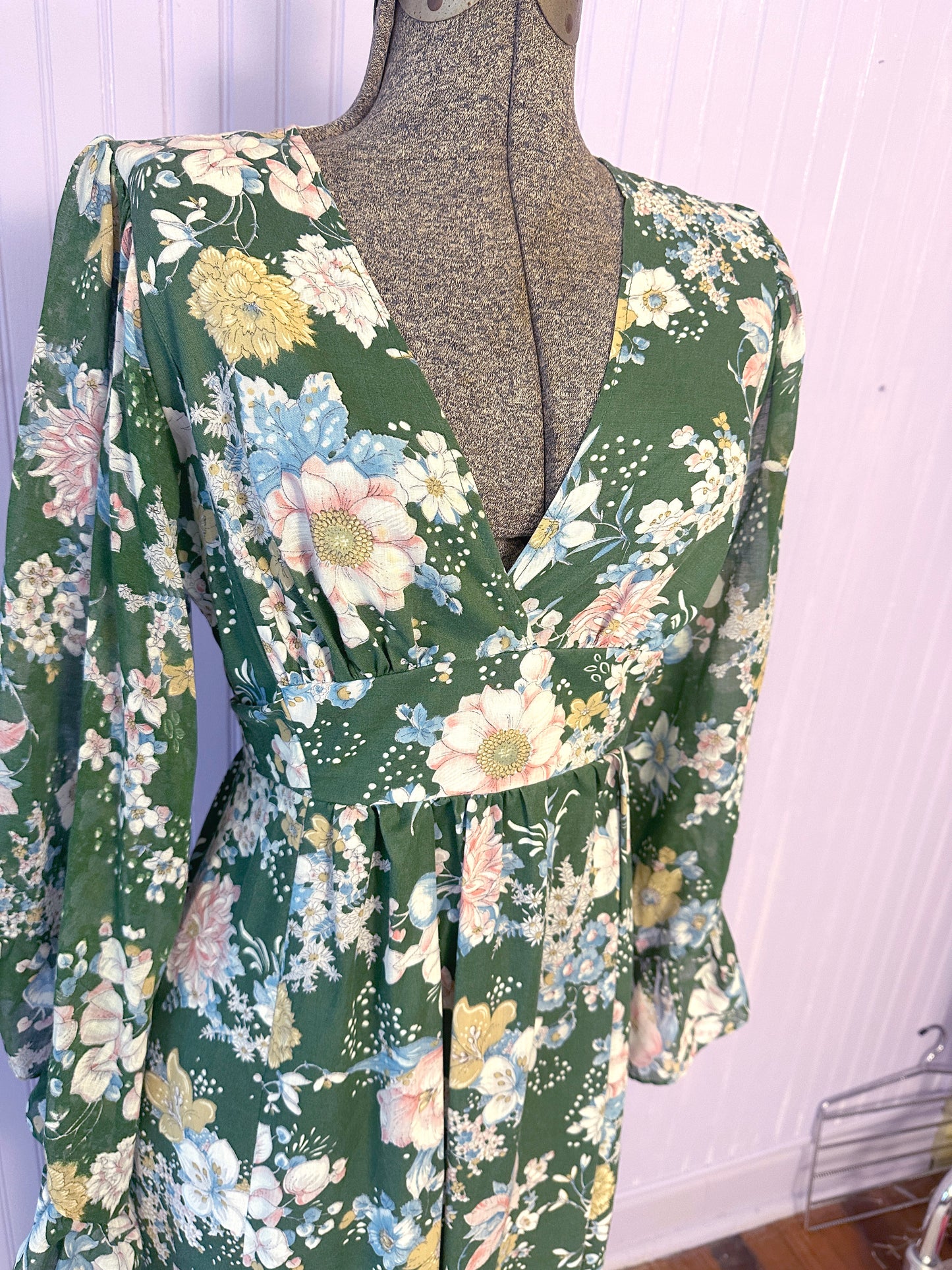Vintage 1970's Maxi Floral Cotton Dress Bell Sleeves