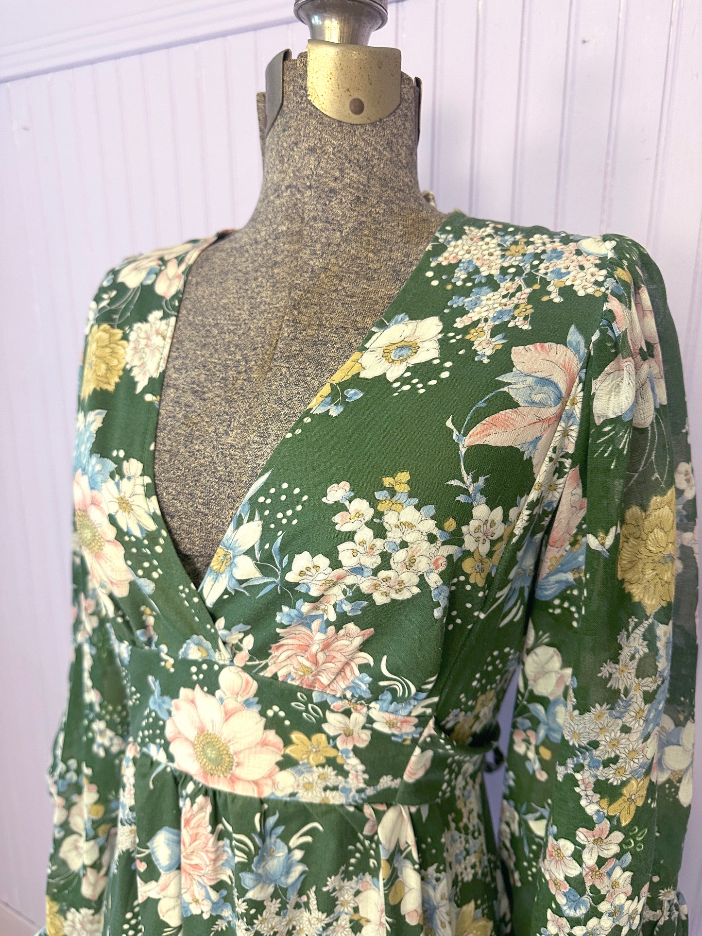 Vintage 1970's Maxi Floral Cotton Dress Bell Sleeves