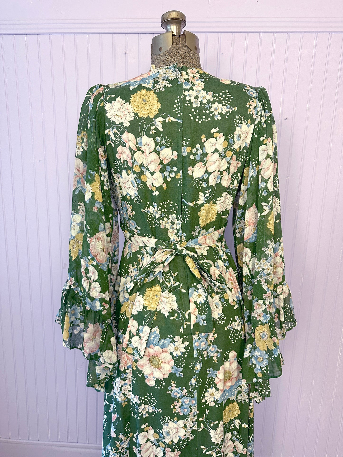 Vintage 1970's Maxi Floral Cotton Dress Bell Sleeves