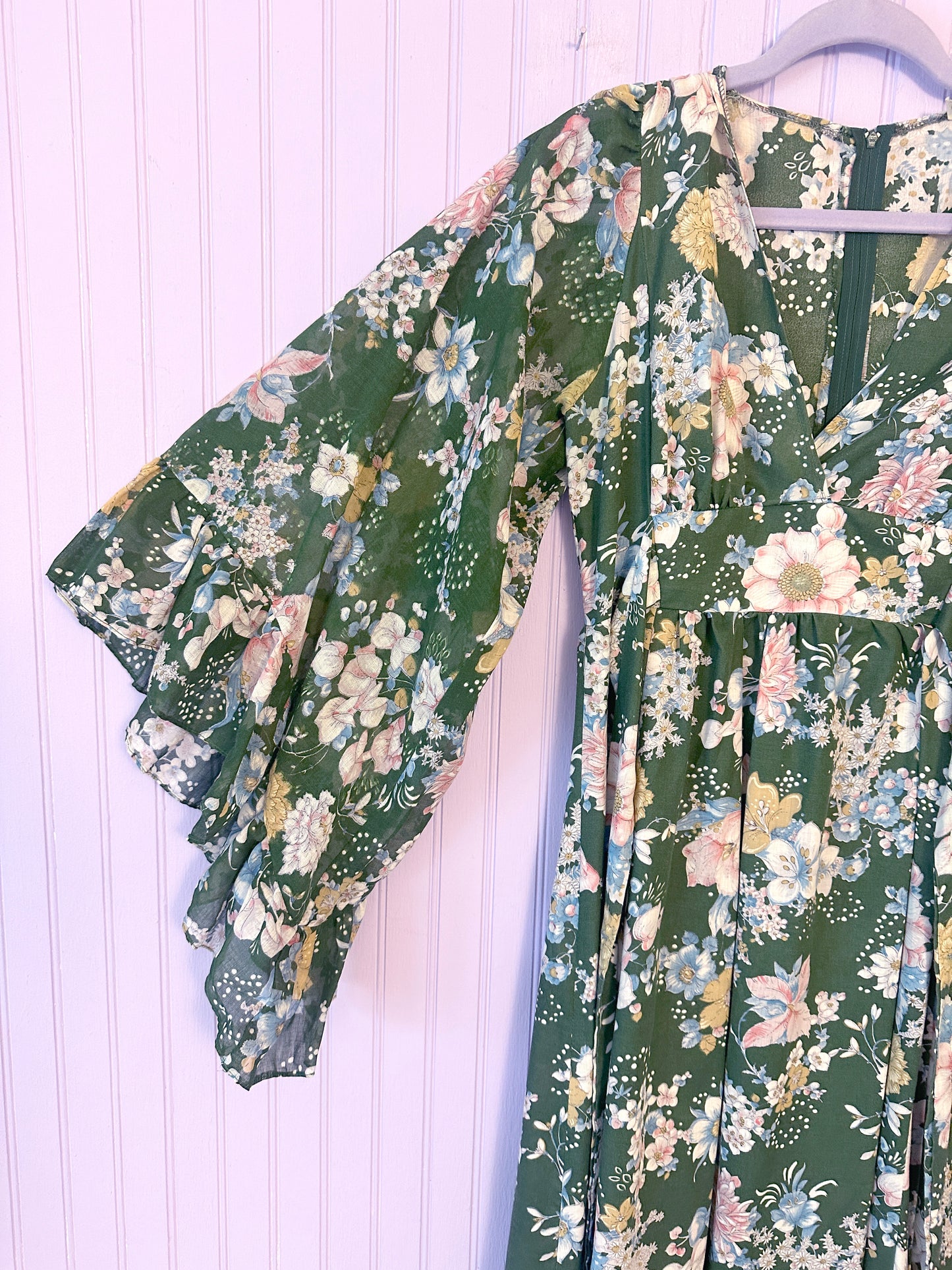 Vintage 1970's Maxi Floral Cotton Dress Bell Sleeves