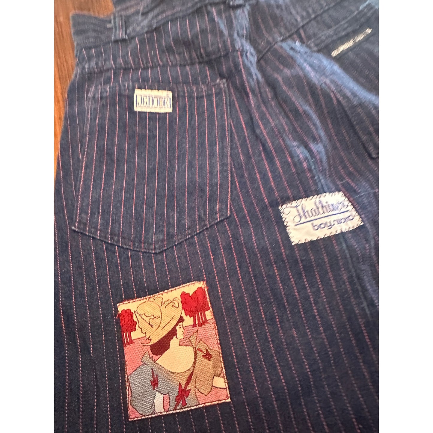 Vintage Handmade Pinstripe Denim / Jeans Tag Patchwork Bag Tote
