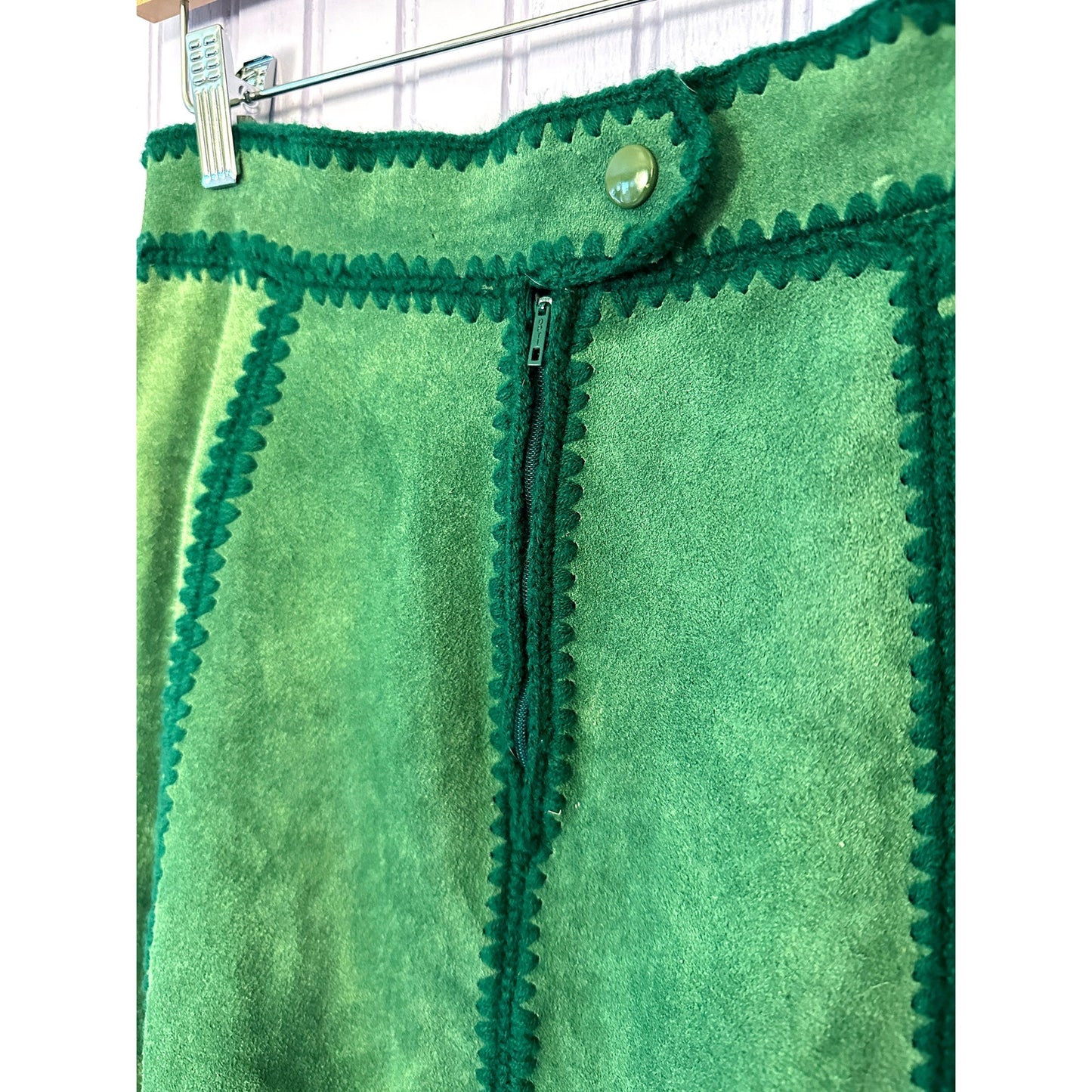 1970's Green Suede Patchwork Skirt and Vest Set