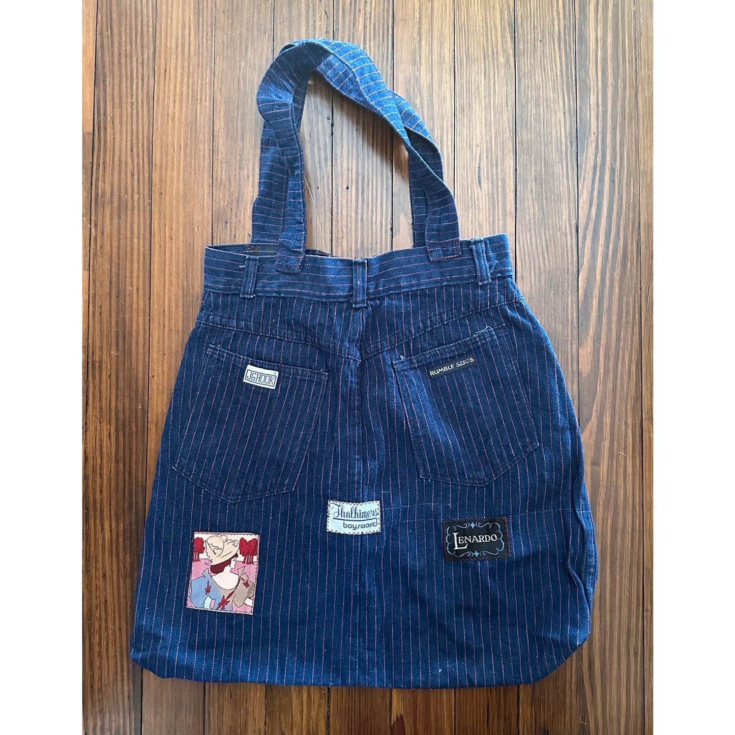 Vintage Handmade Pinstripe Denim / Jeans Tag Patchwork Bag Tote