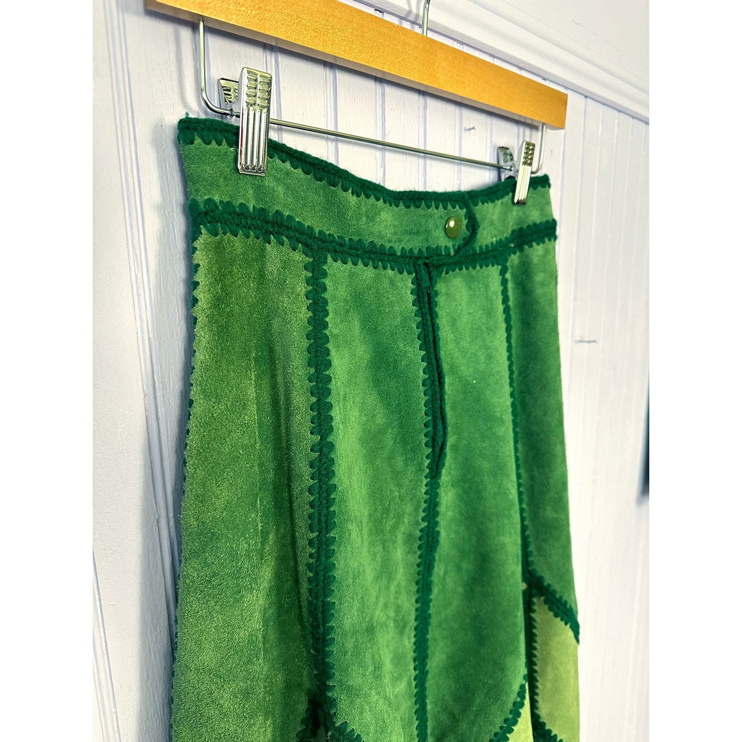 1970's Green Suede Patchwork Skirt and Vest Set