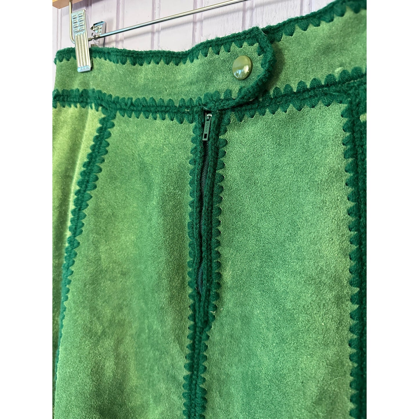1970's Green Suede Patchwork Skirt and Vest Set