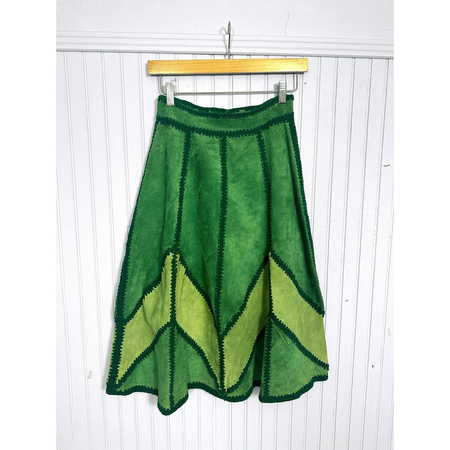 1970's Green Suede Patchwork Skirt and Vest Set