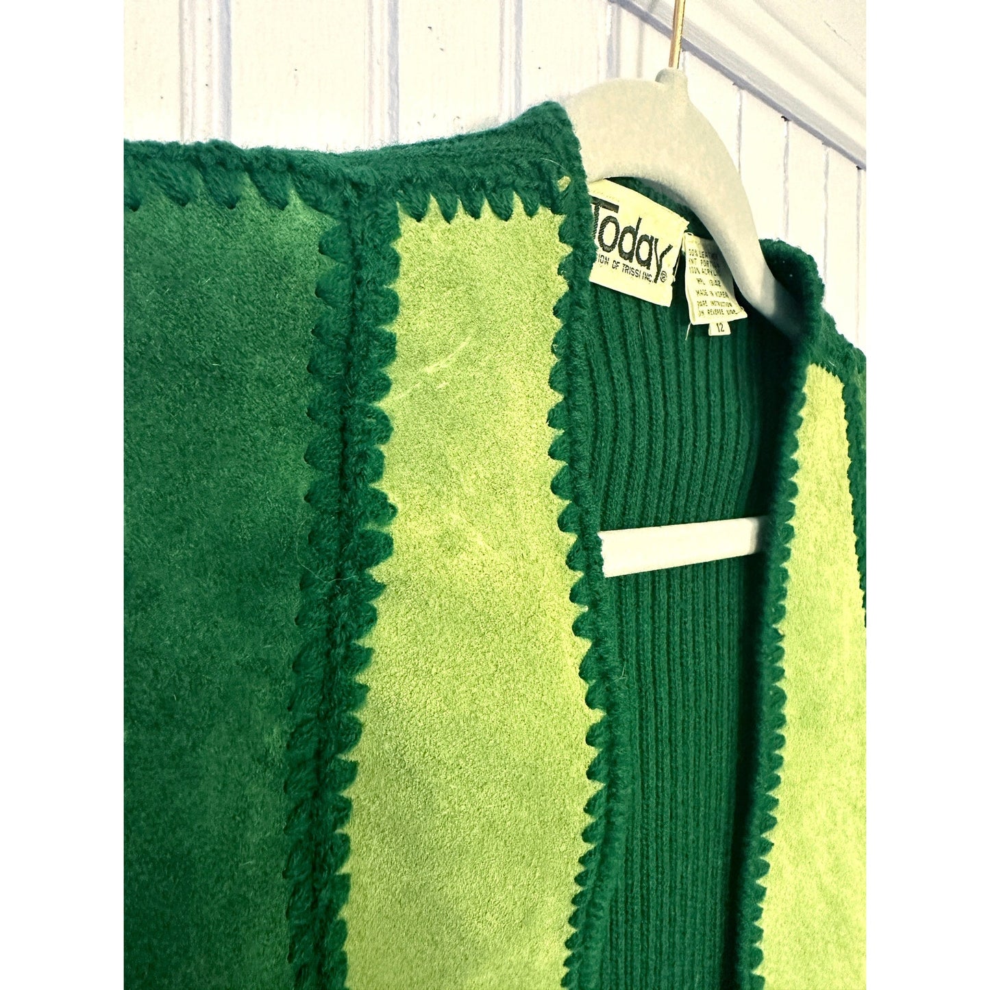 1970's Green Suede Patchwork Skirt and Vest Set