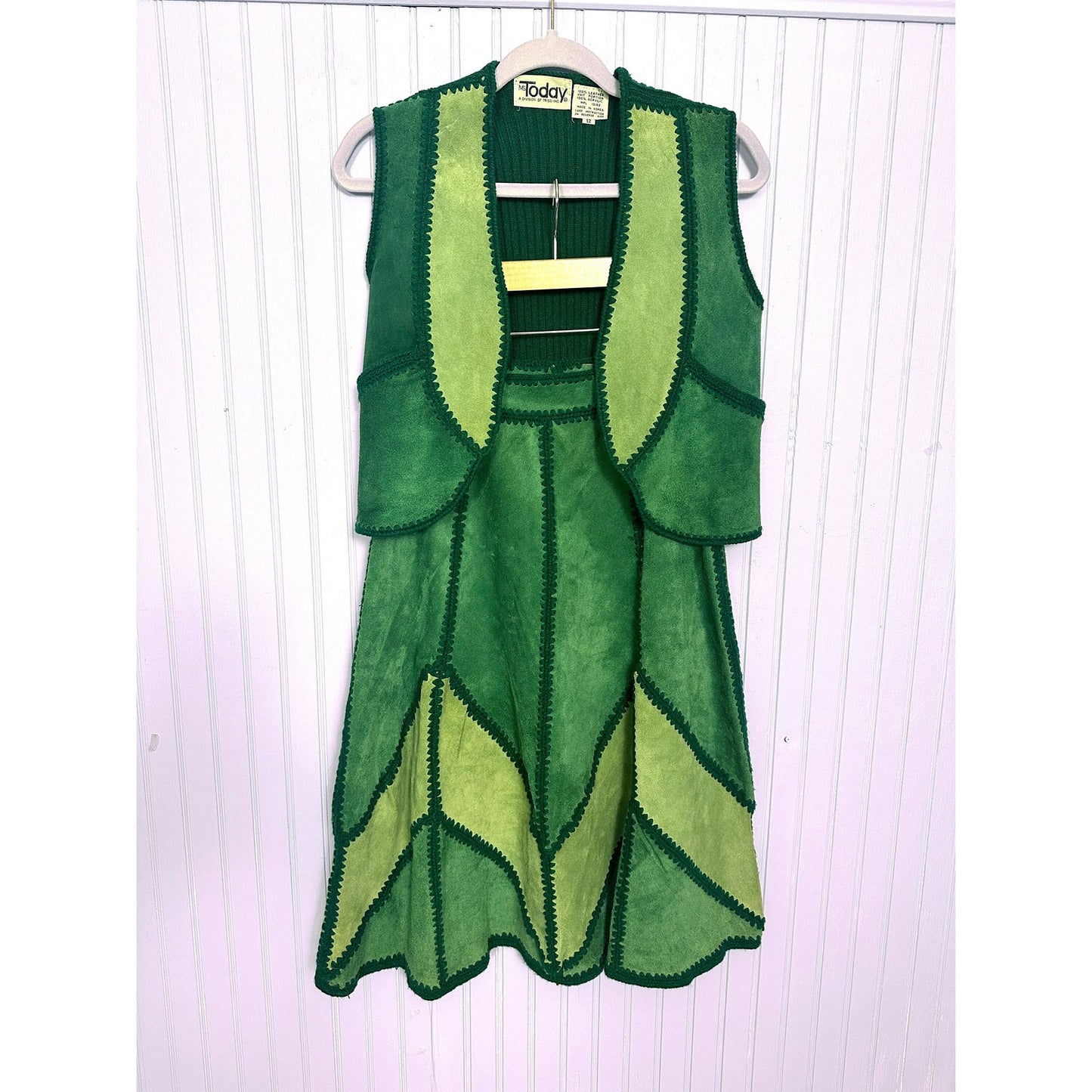 1970's Green Suede Patchwork Skirt and Vest Set
