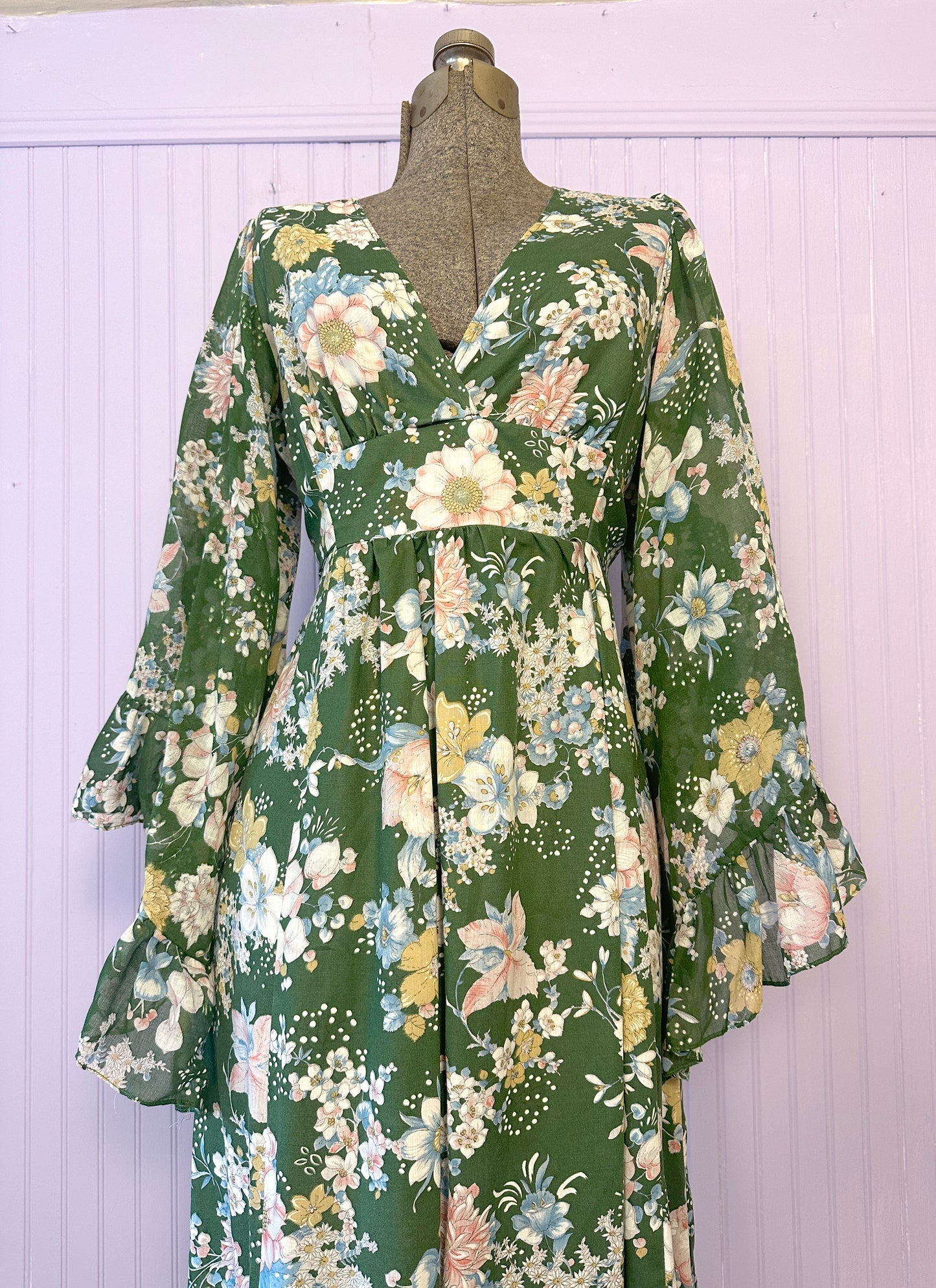 Vintage 1970's Maxi Floral Cotton Dress Bell Sleeves