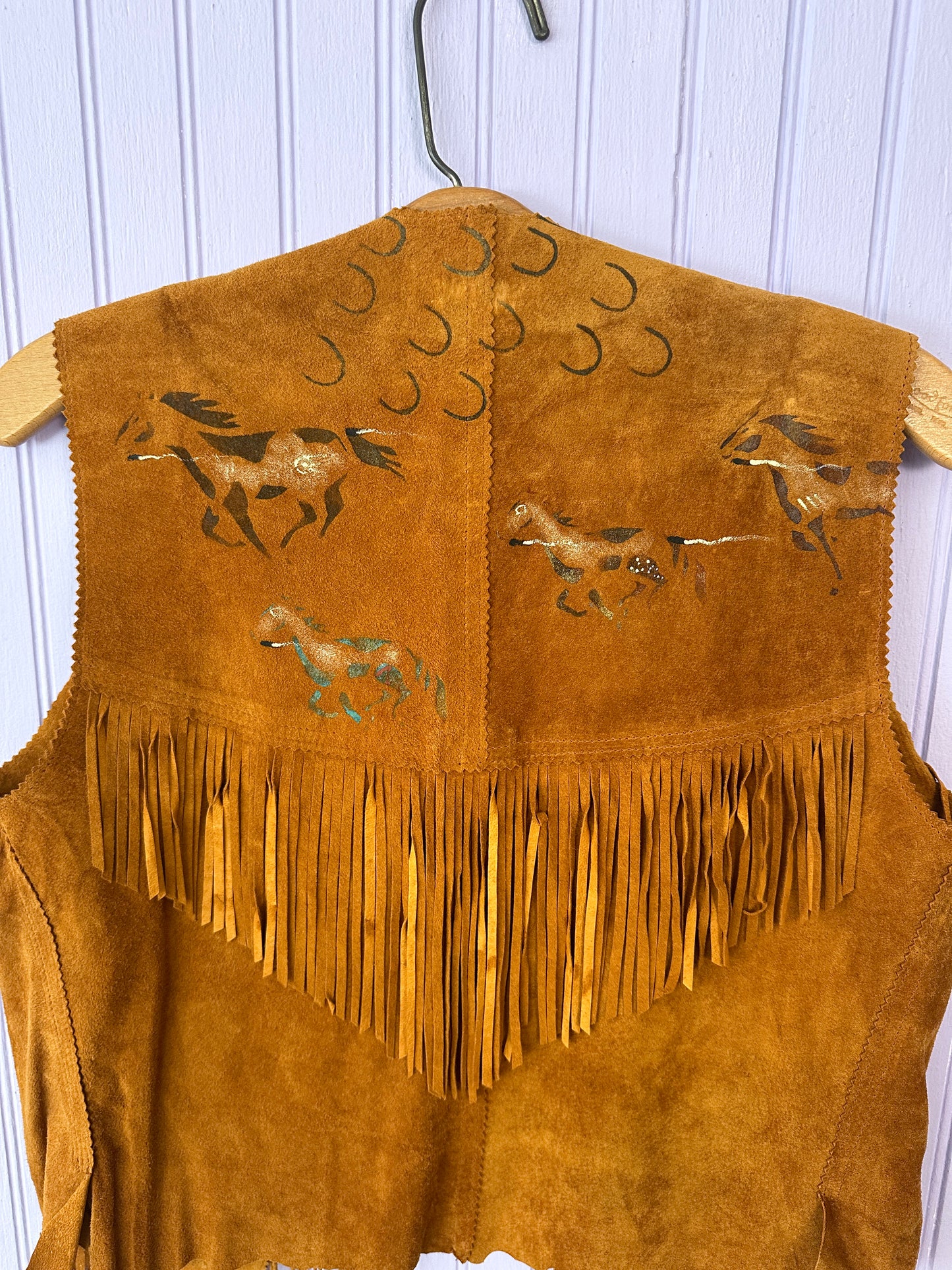 Painted Horses Leather Vest Beaded with Fringe 1960s