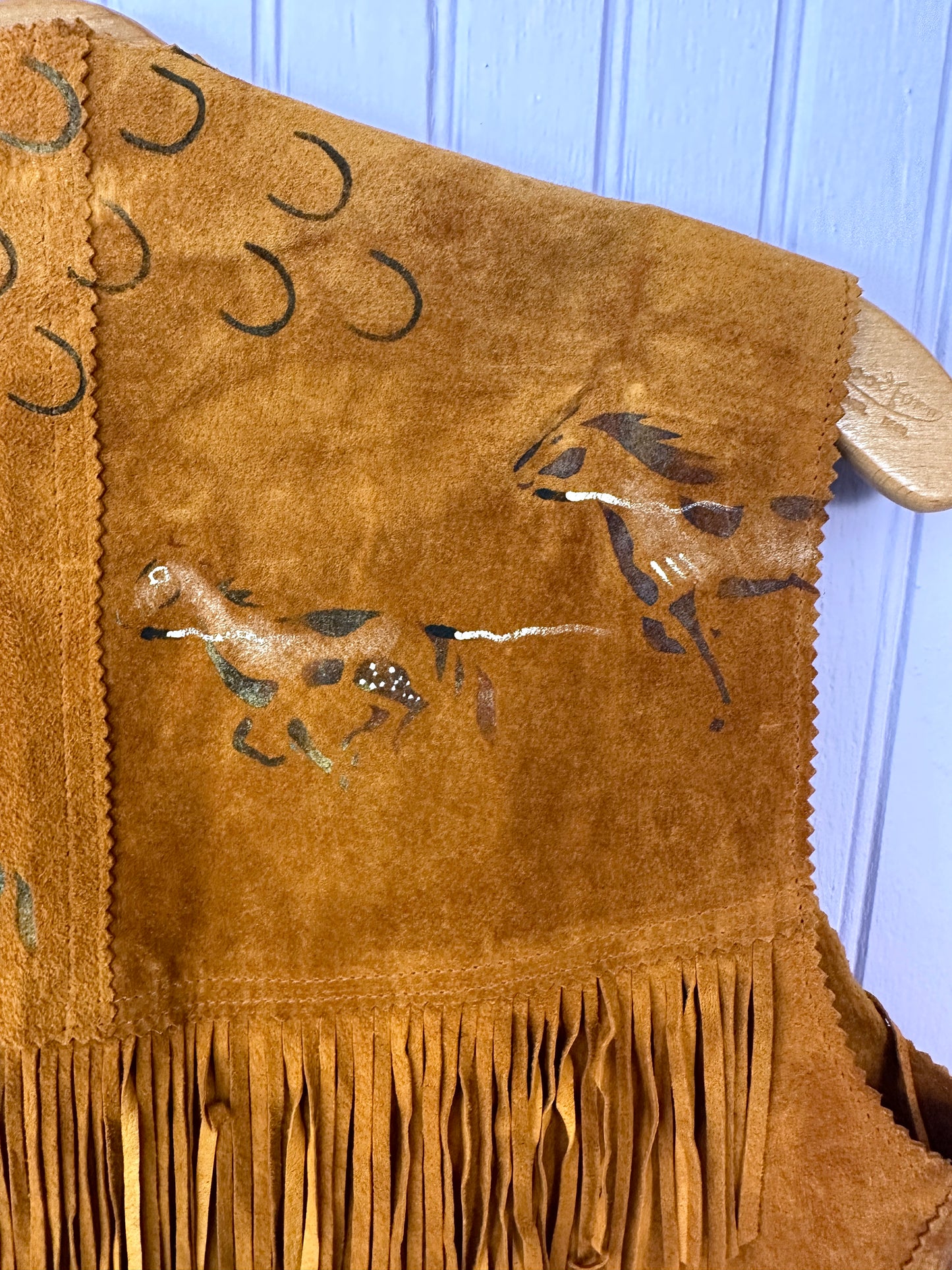 Painted Horses Leather Vest Beaded with Fringe 1960s