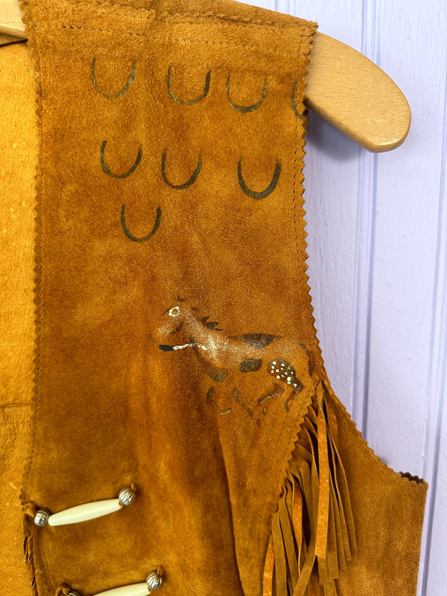 Painted Horses Leather Vest Beaded with Fringe 1960s