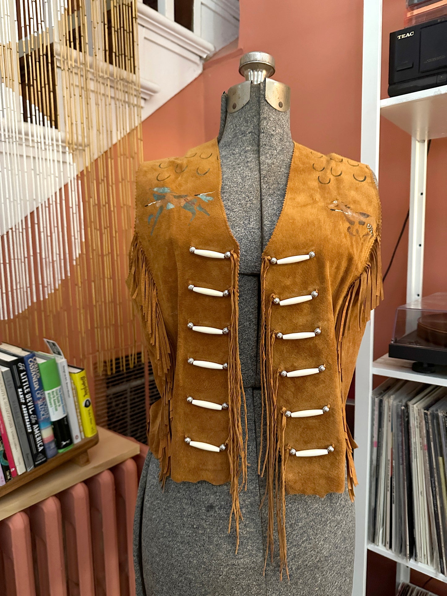 Painted Horses Leather Vest Beaded with Fringe 1960s