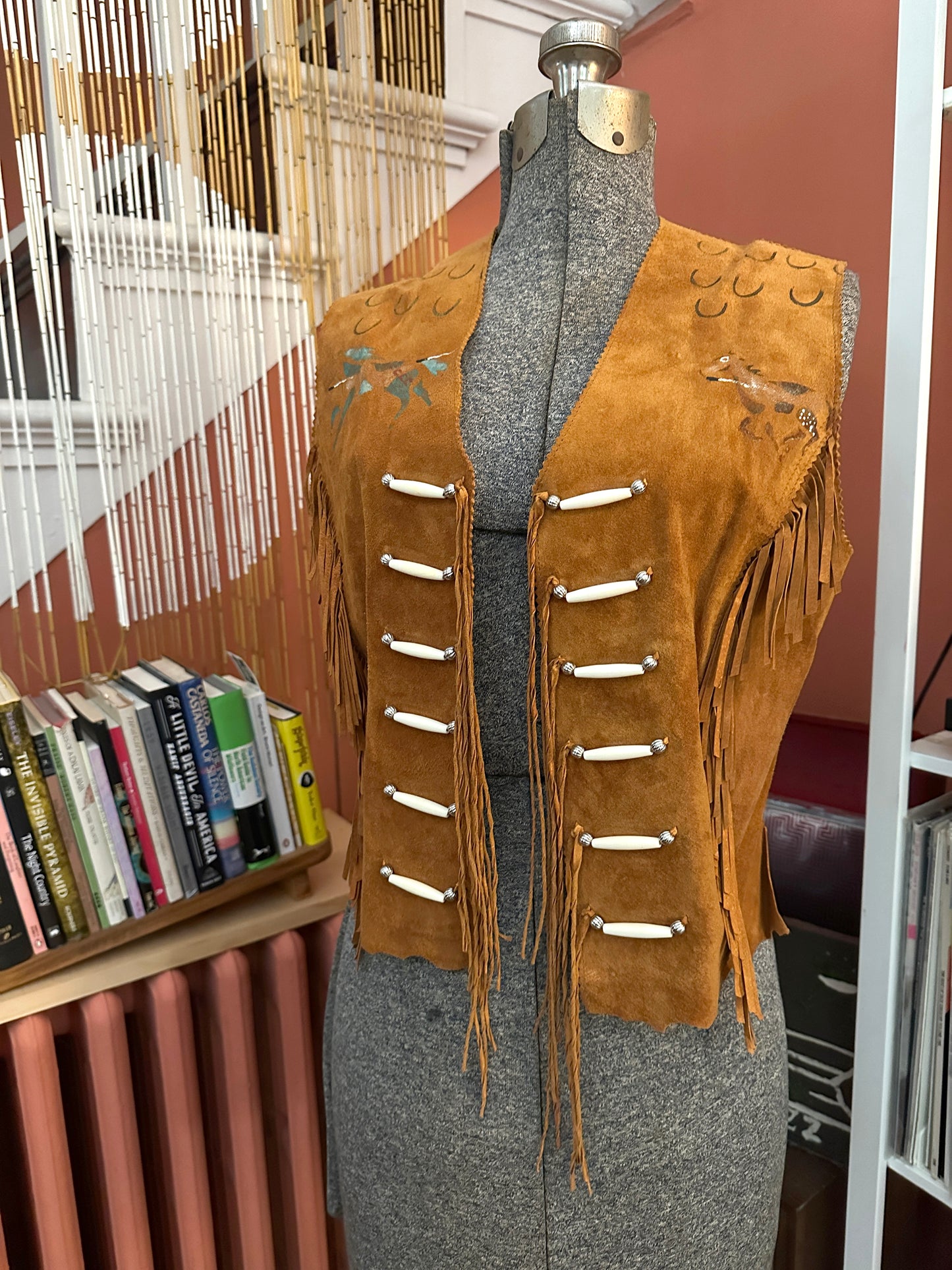Painted Horses Leather Vest Beaded with Fringe 1960s