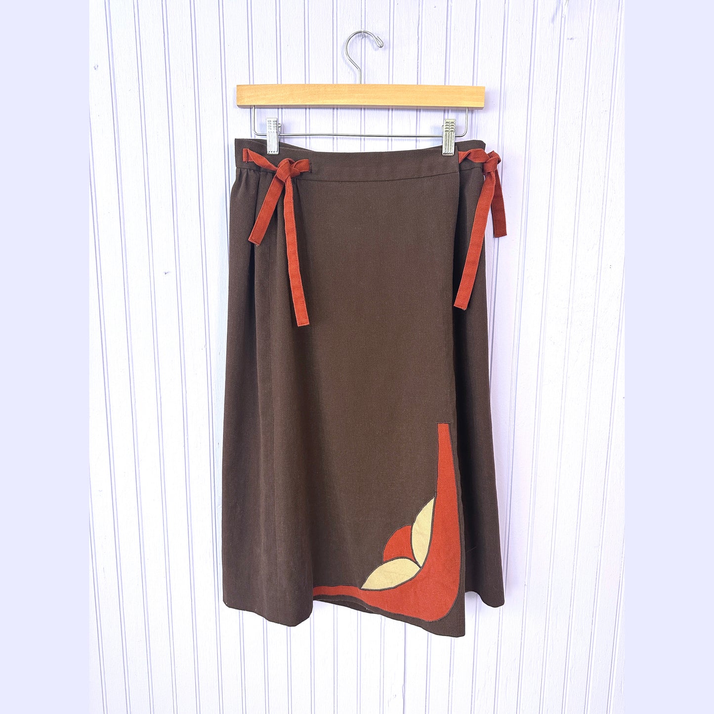 70's Wrap Skirt Applique Brown, Orange and Cream