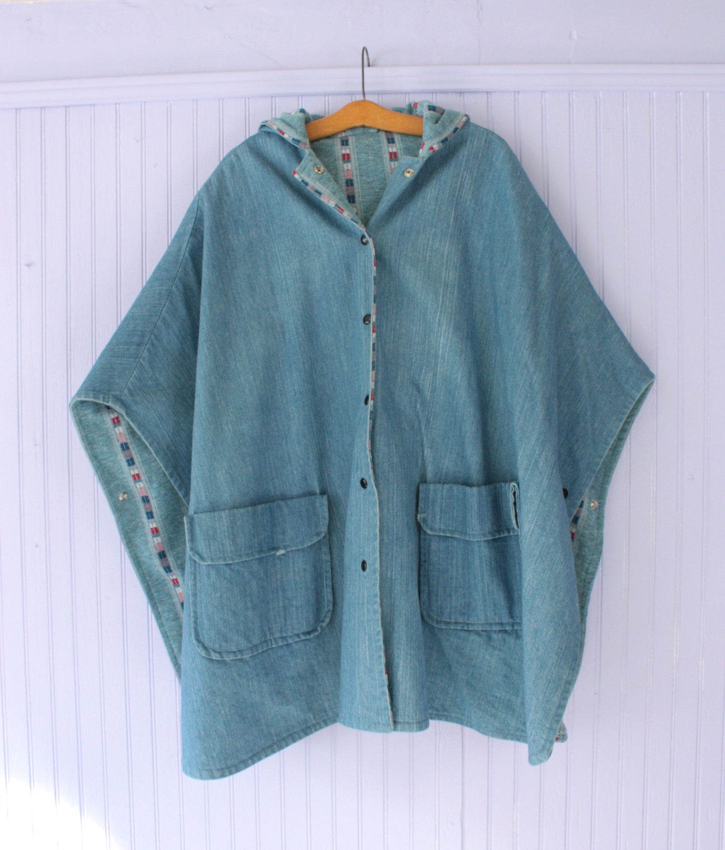 Denim Poncho Jacket Geometric Lining
