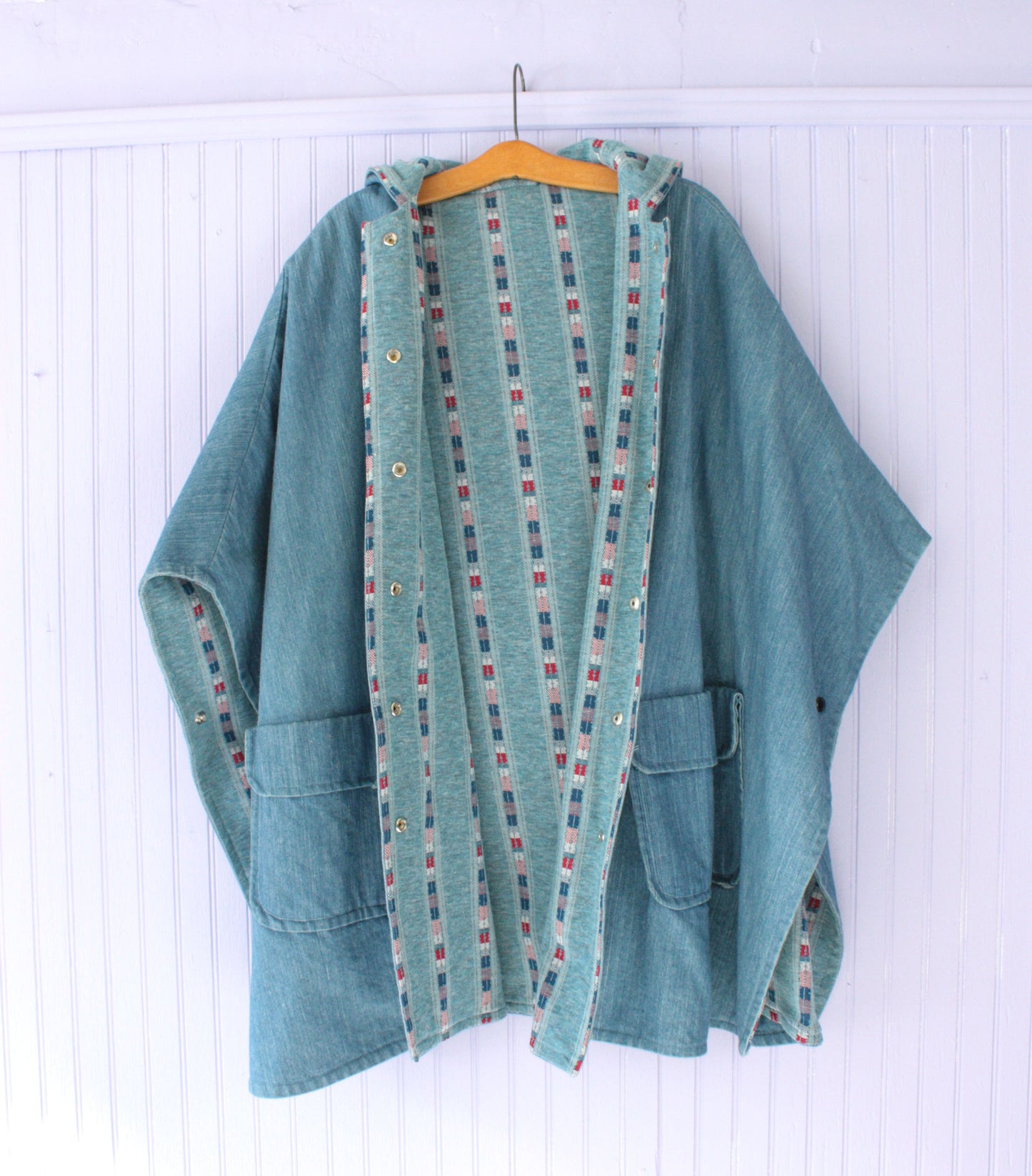Denim Poncho Jacket Geometric Lining