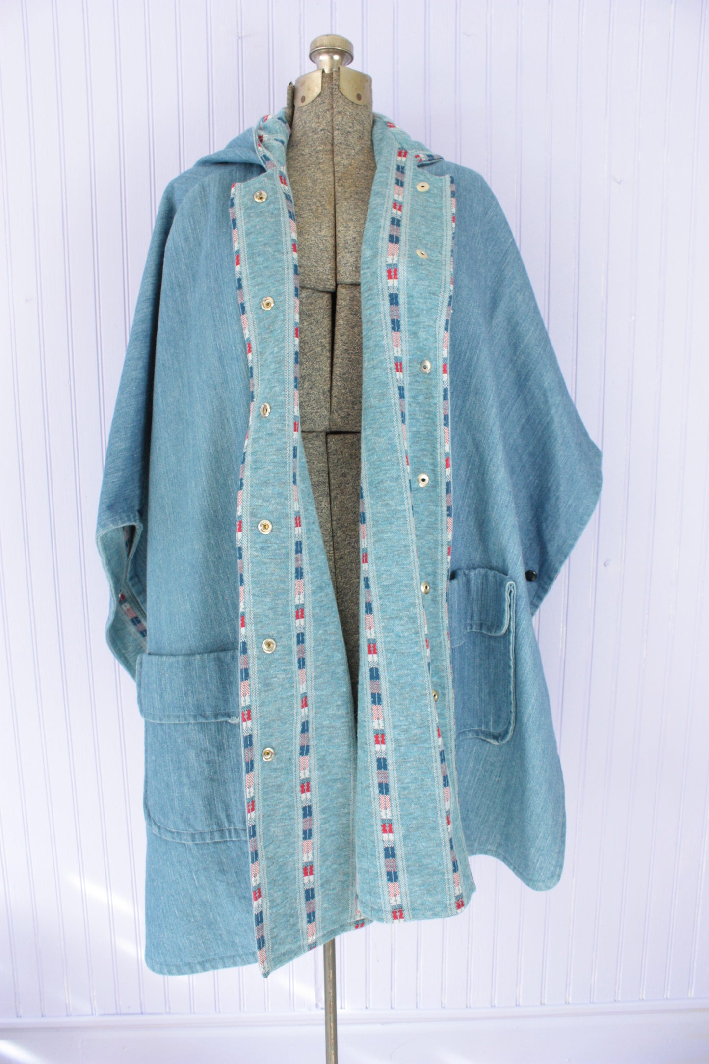 Denim Poncho Jacket Geometric Lining