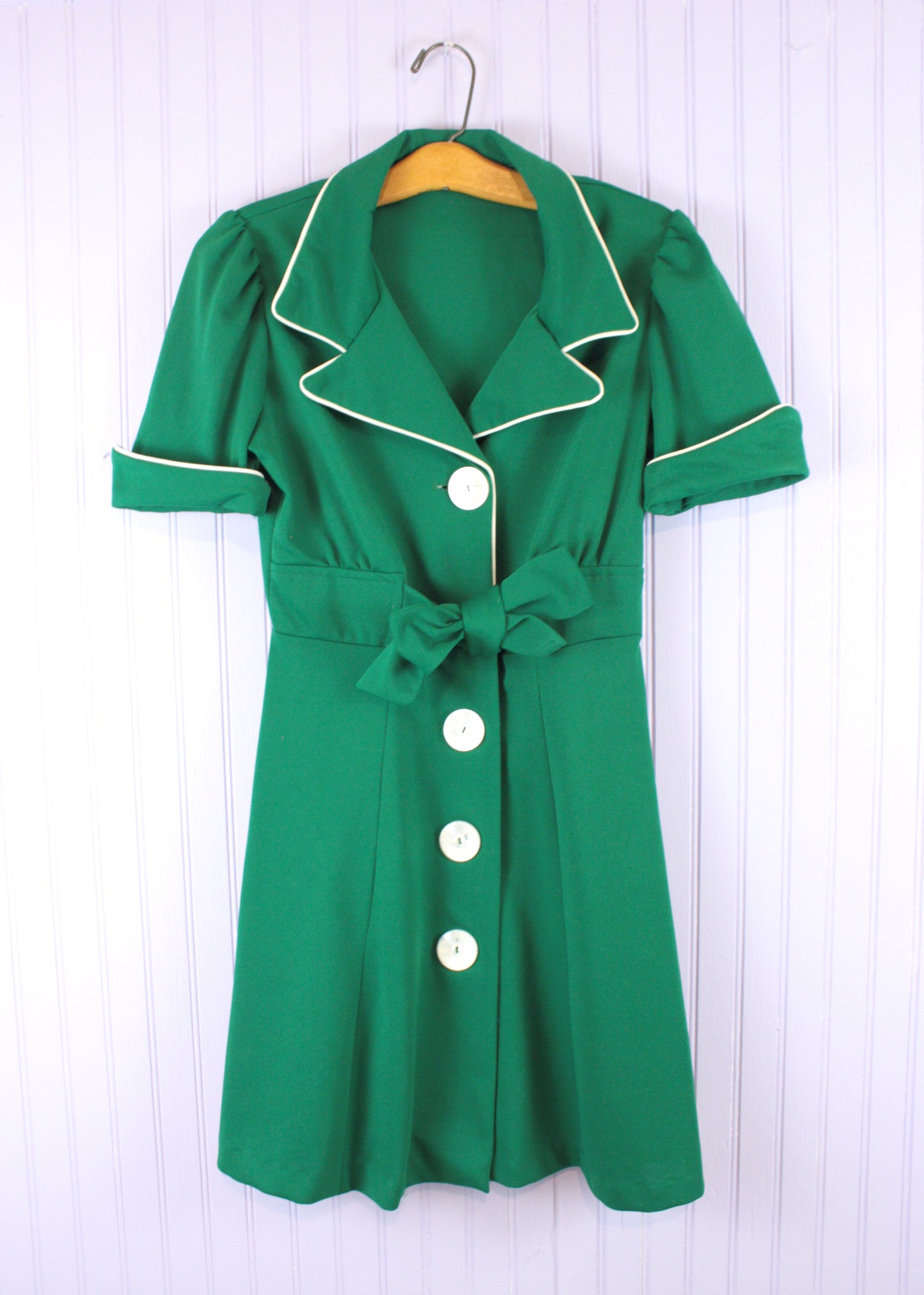 Vintage Green with White Piping Handmade Mini dress 2(S)