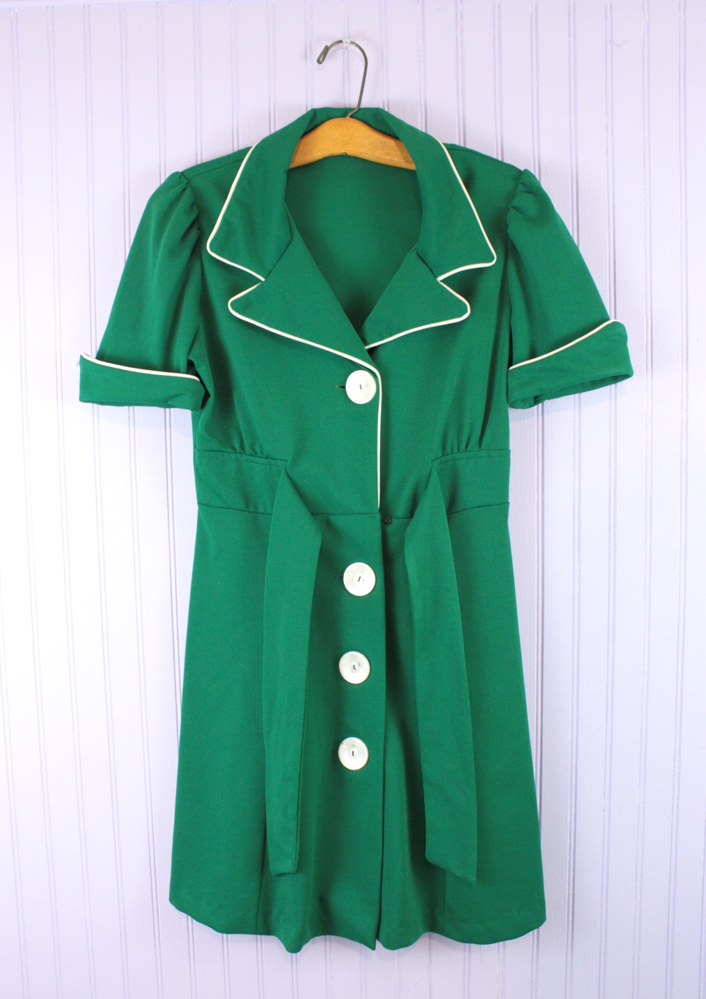 Vintage Green with White Piping Handmade Mini dress 2(S)