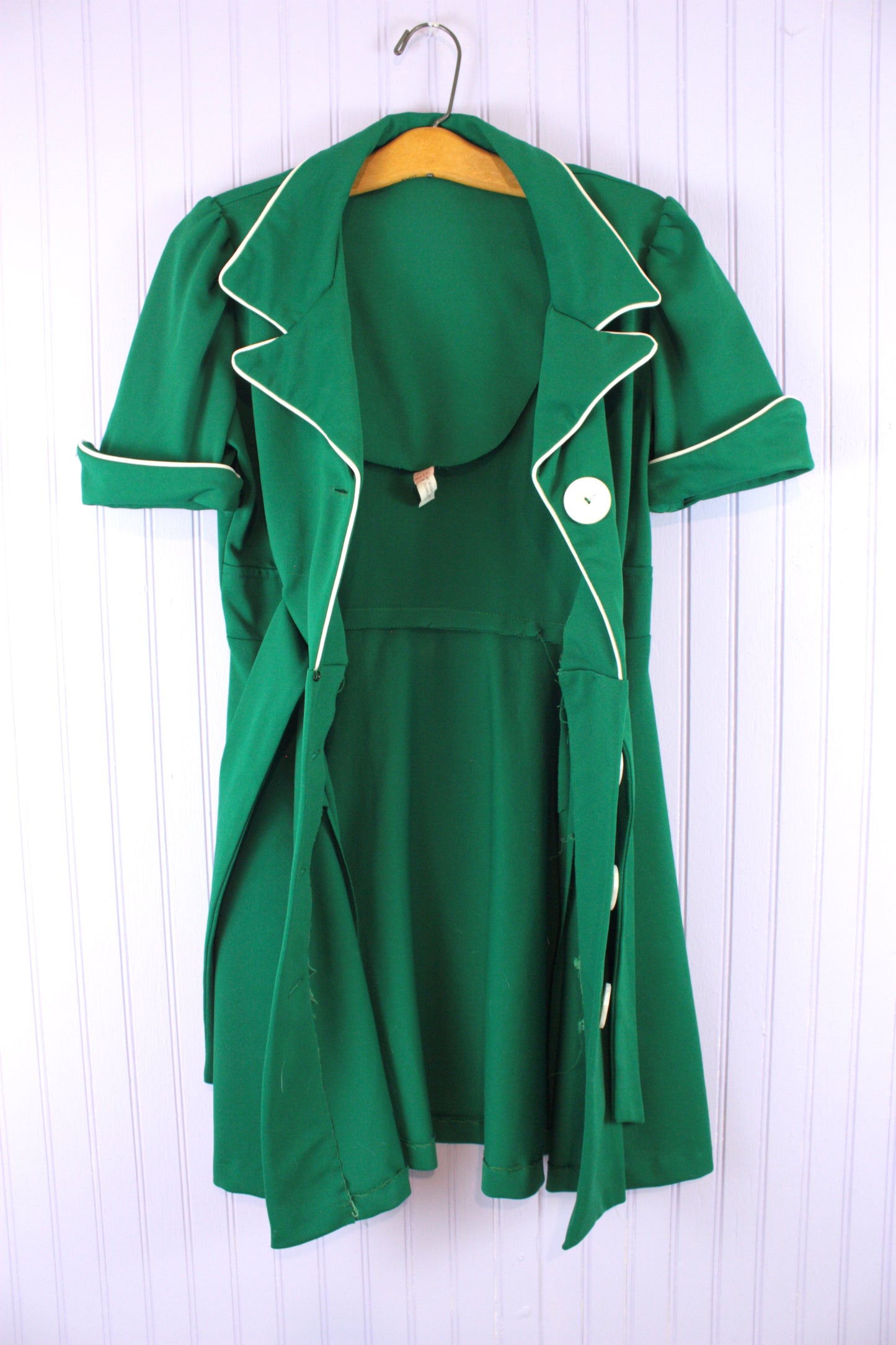 Vintage Green with White Piping Handmade Mini dress 2(S)