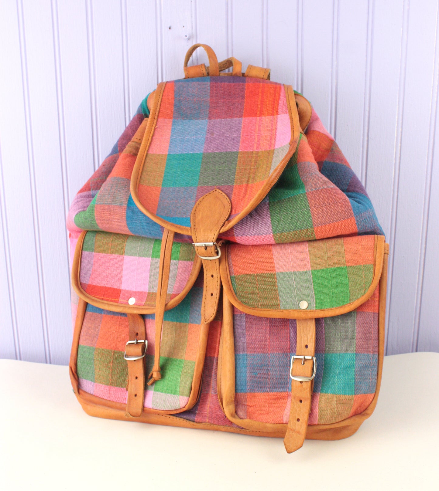 Multicolor Plaid Cotton and Leather Lined Backpack