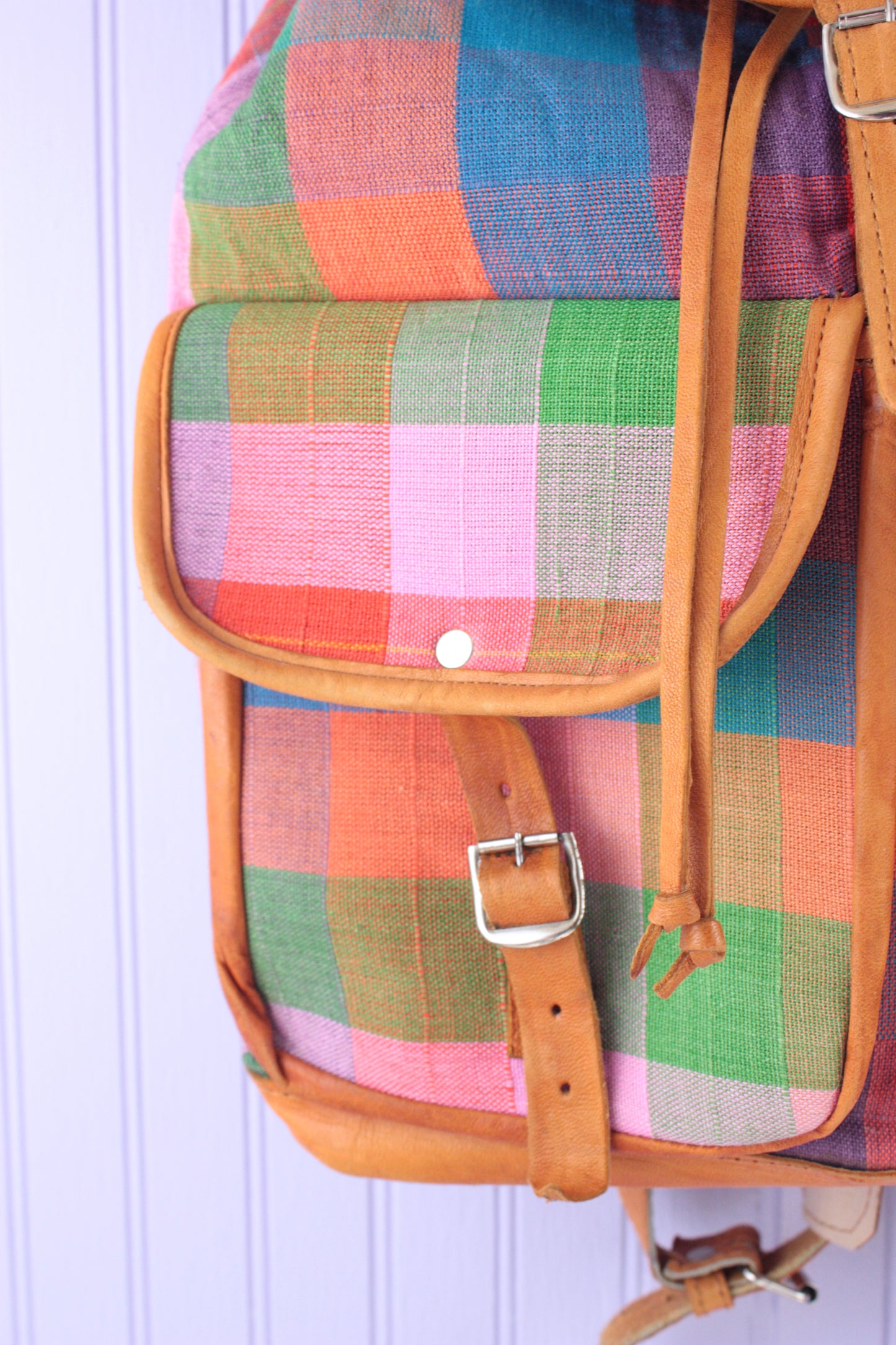 Multicolor Plaid Cotton and Leather Lined Backpack