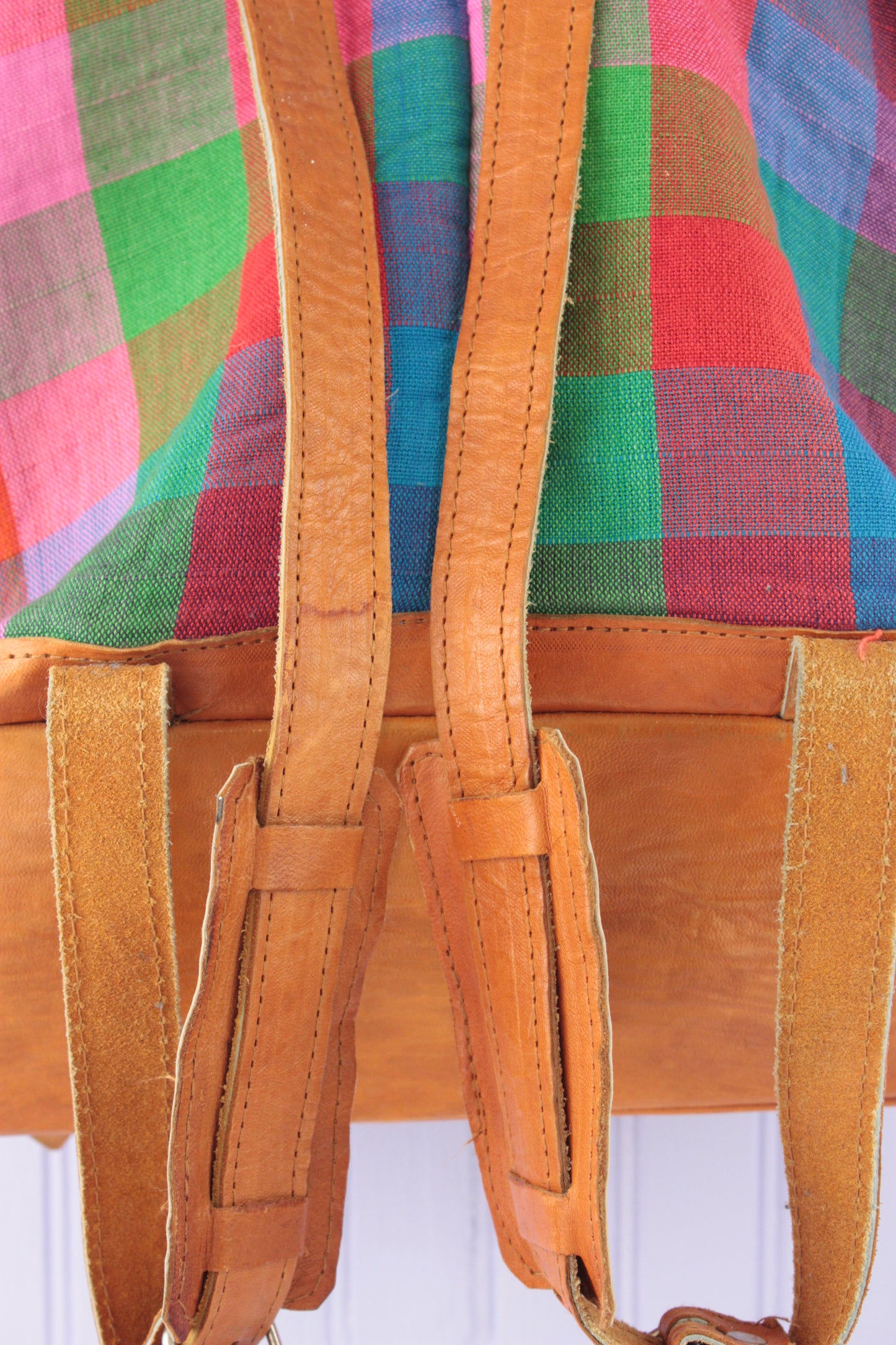 Multicolor Plaid Cotton and Leather Lined Backpack