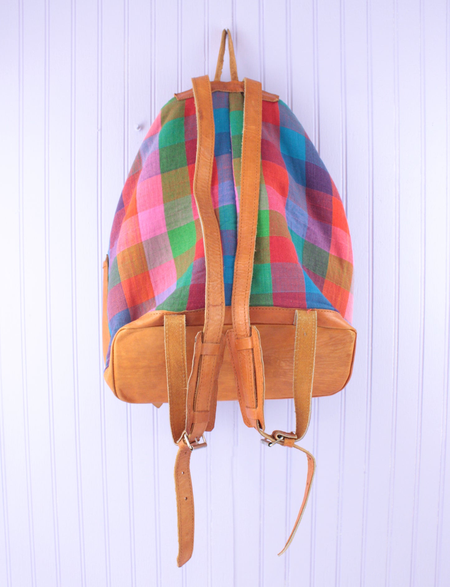 Multicolor Plaid Cotton and Leather Lined Backpack