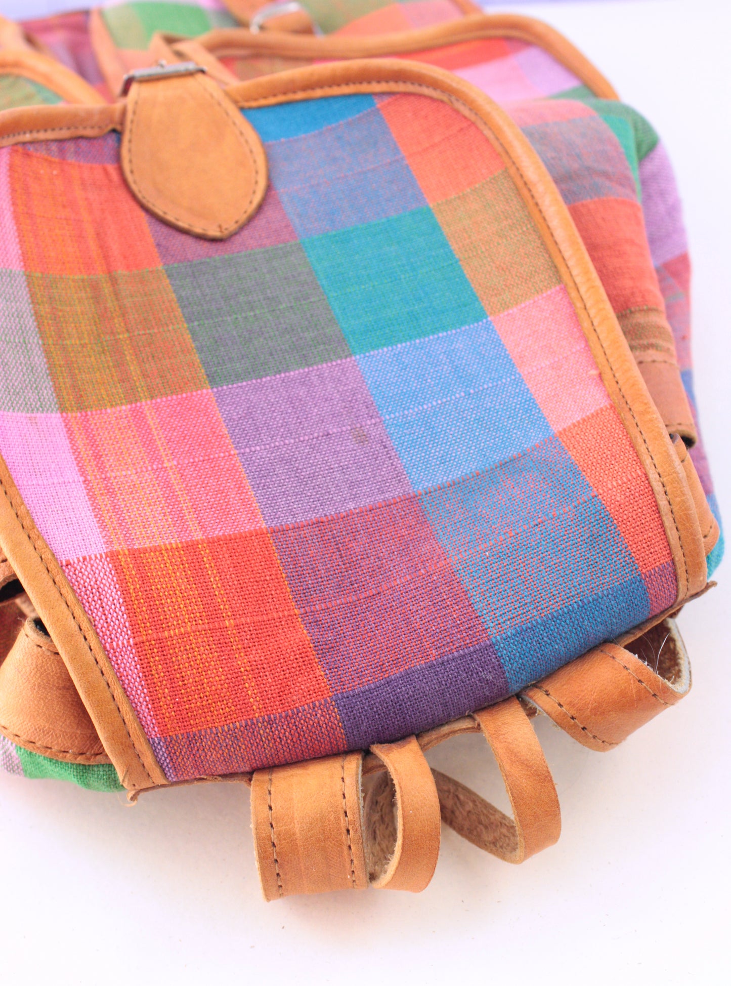 Multicolor Plaid Cotton and Leather Lined Backpack