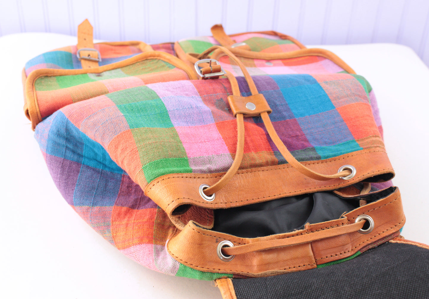 Multicolor Plaid Cotton and Leather Lined Backpack