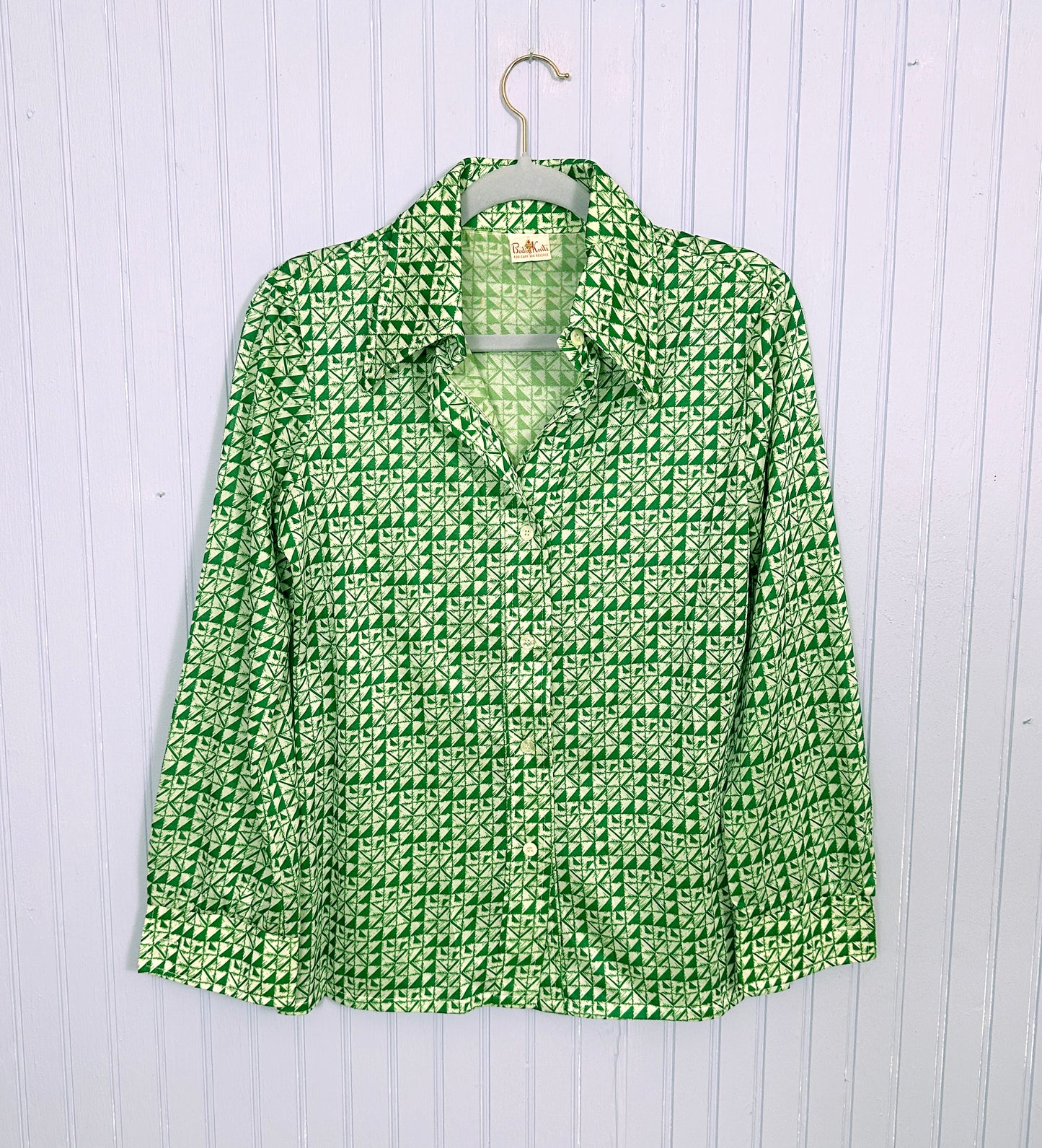 1970's Disco Buttondown Green Geometric Print