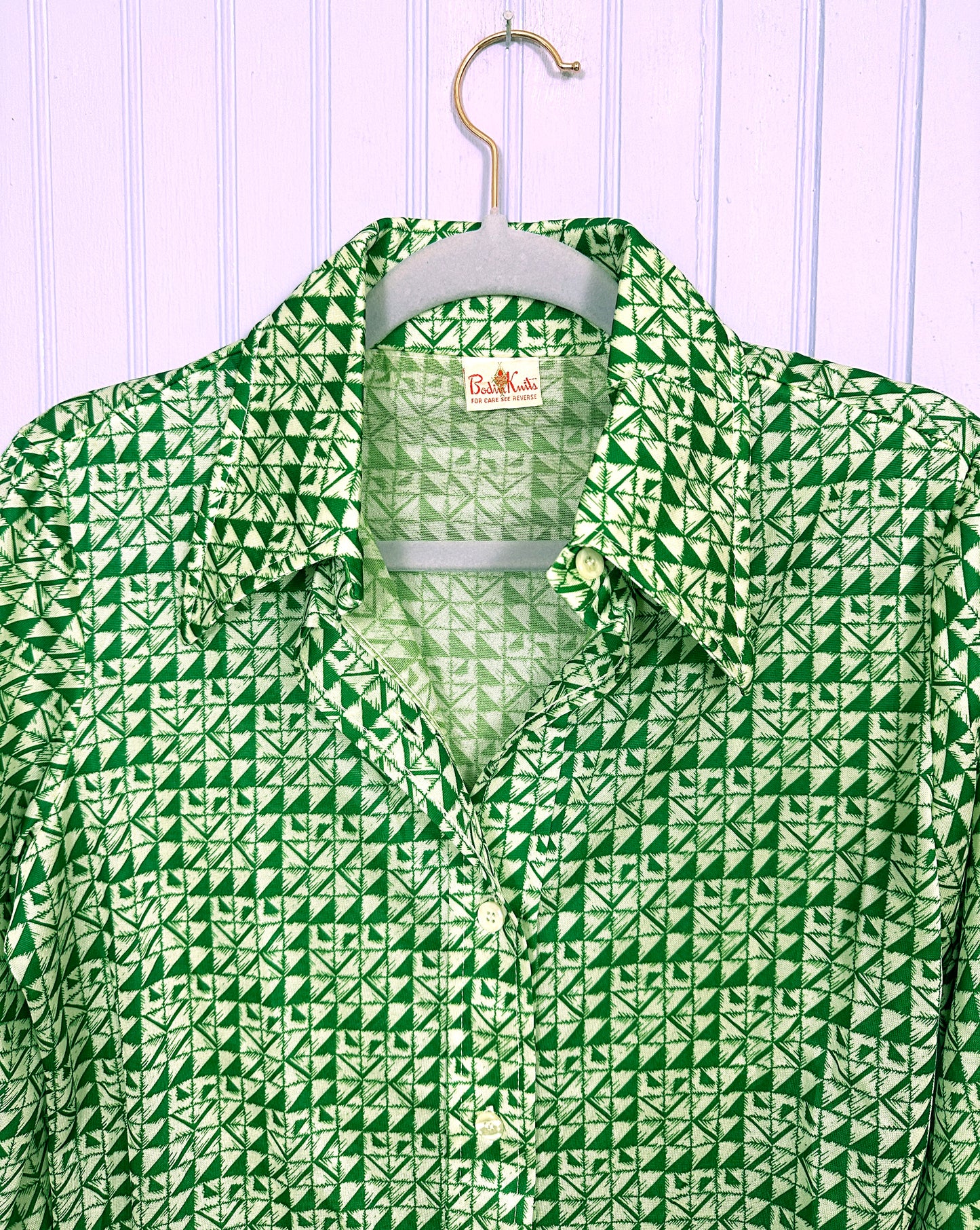 1970's Disco Buttondown Green Geometric Print