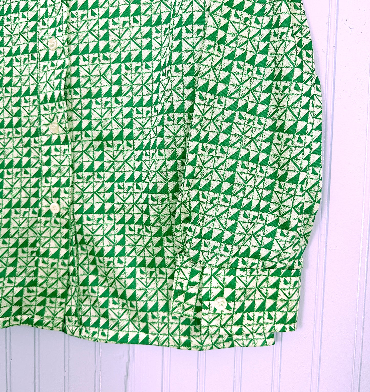 1970's Disco Buttondown Green Geometric Print