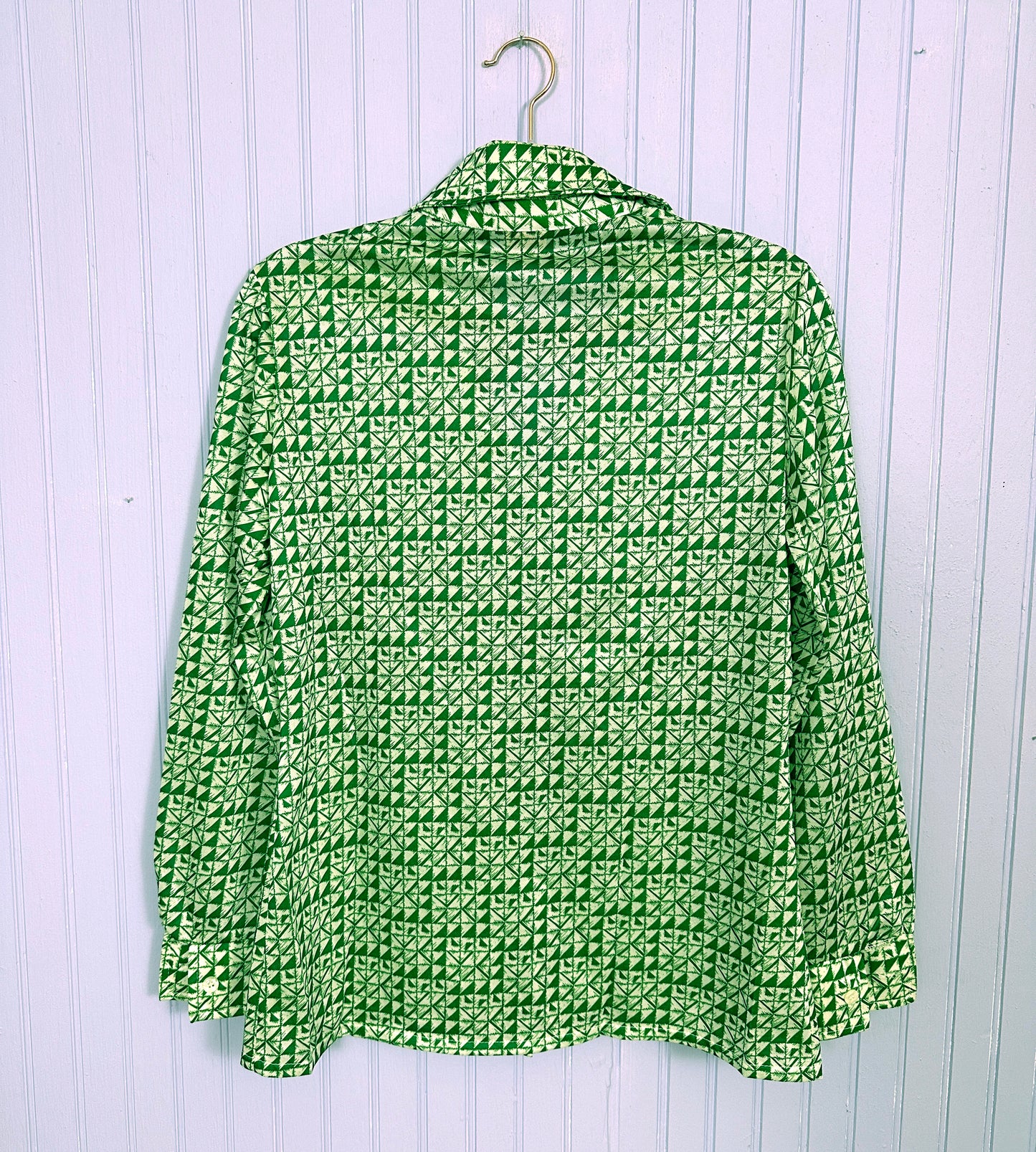 1970's Disco Buttondown Green Geometric Print